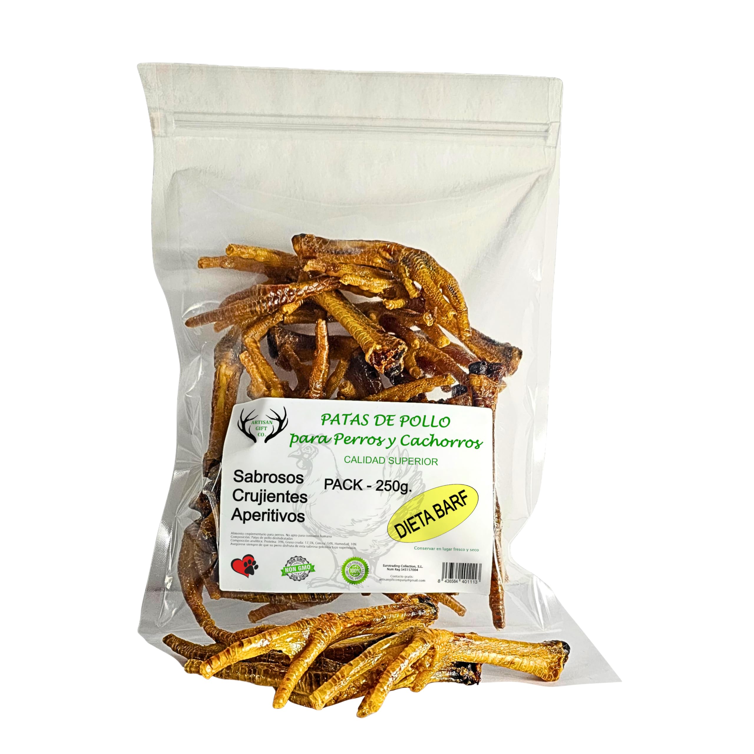 ARTISAN GIFT CO Snacks Naturales para Perros – 100% Carne Sabrosa Deshidratada, Apto para Dieta Barf (250 gr, Patas de Pollo)
