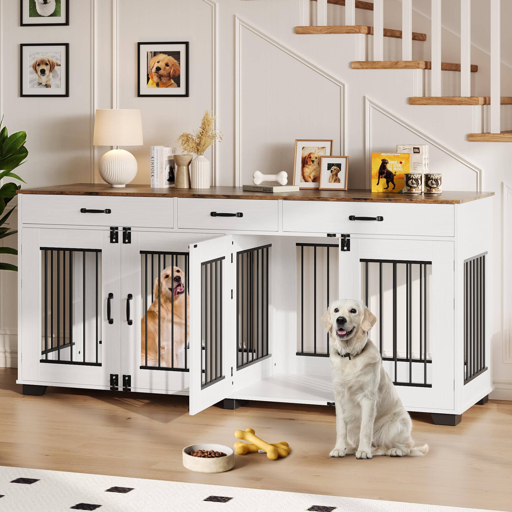 Photo 1 of GarveeLife 71" Double Dog Crate Furniture, Extra Large Wooden Dog Kennel Furniture for 2 Dogs, Farmhouse Dog Crate TV Stand with 3 Storage Drawers, Large Dogs Indoor, White -----BOX 1 OF 2 AND 2 OF 2