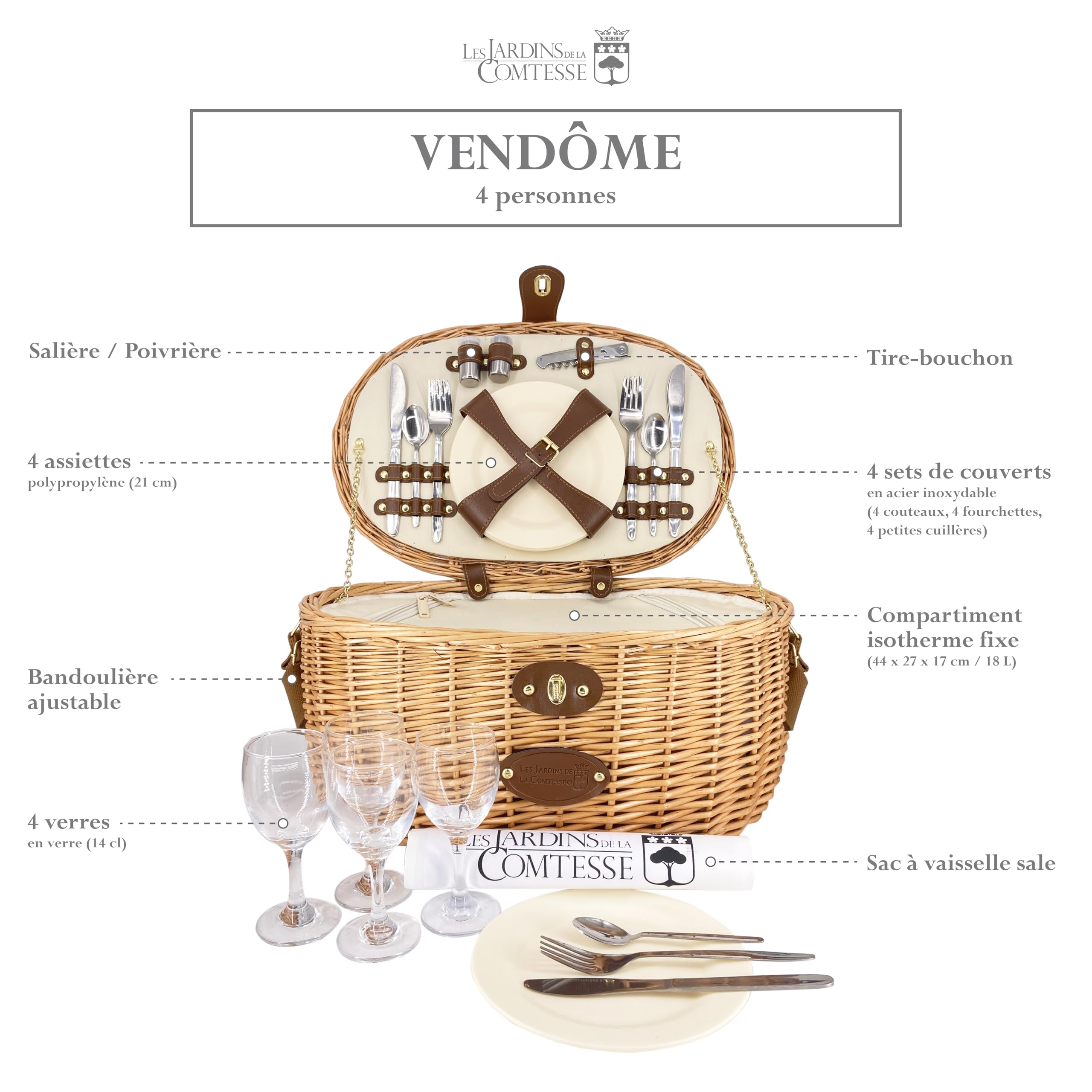 Les Jardins de la Comtesse - Panier Pique-Nique Isotherme Vendôme Naturel - Tressé en Osier pour 4 Personnes - Assiettes Légères/Verres à Vin en Verre/Panier Eco-Responsable - Beige - 47x33x21cm