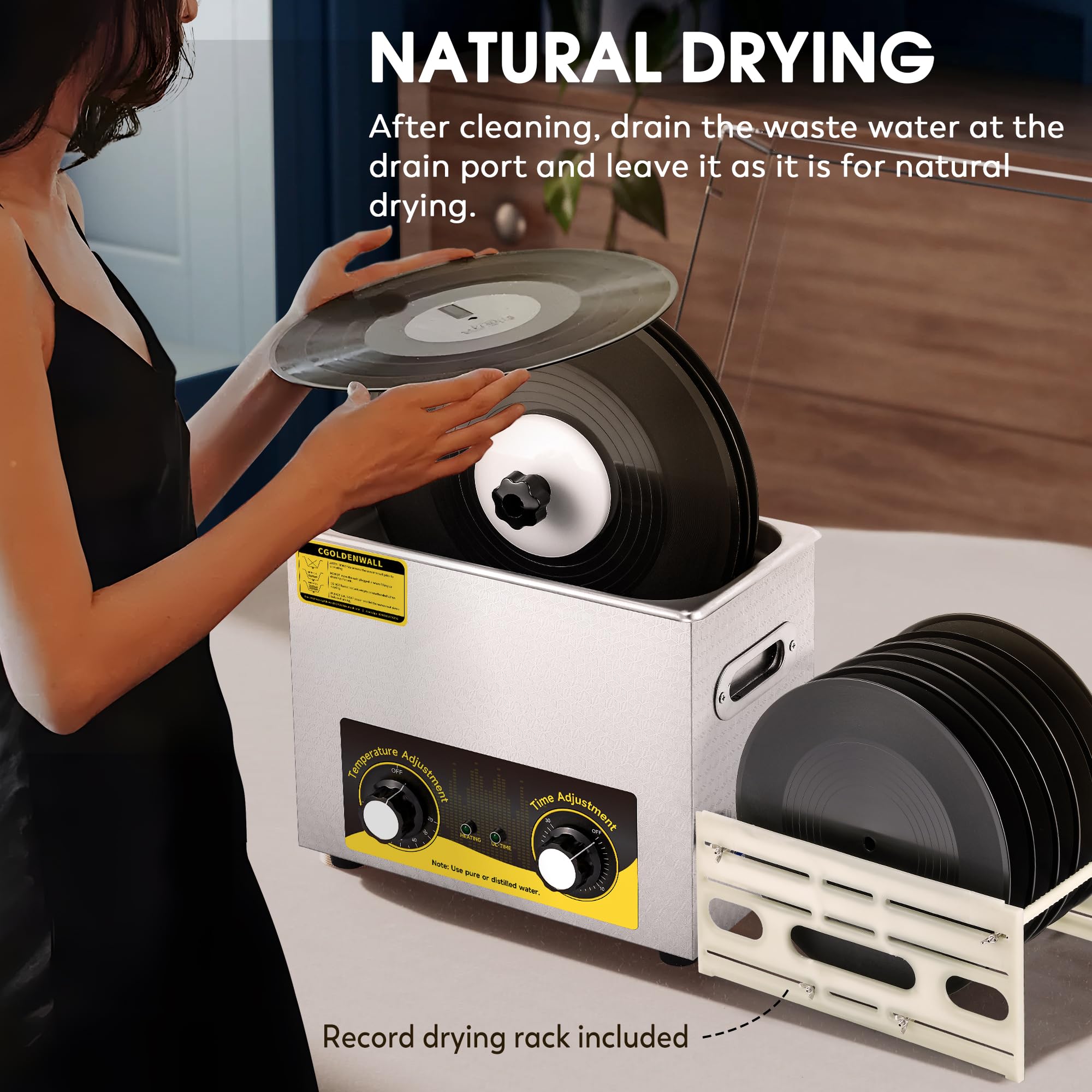 Pulitore a Ultrasuoni per Dischi in Vinile 6L Max. 6 Dischi 0-30 Minuti Timer 20-80°C Funzione di Riscaldamento Rotazione Automatica per Dischi da 7/10/12" Supporto di Asciugatura e Cestello inclusi