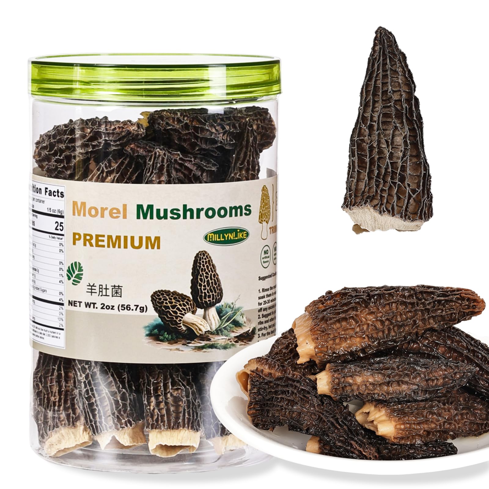 MillynLike Dried Morel Mushrooms Trimmed Stems & Large Caps (2+ Inches) | 2oz Gourmet Morchella Conica, Premium AAA Grade100% Natural without