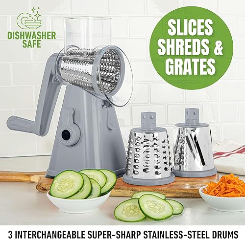 Miniatura 6 de EMSON Rallador giratorio de queso, manivela de mano, ralladores giratorios de acero inoxidable para cocina con 3 cuchillas, cortador de verduras,