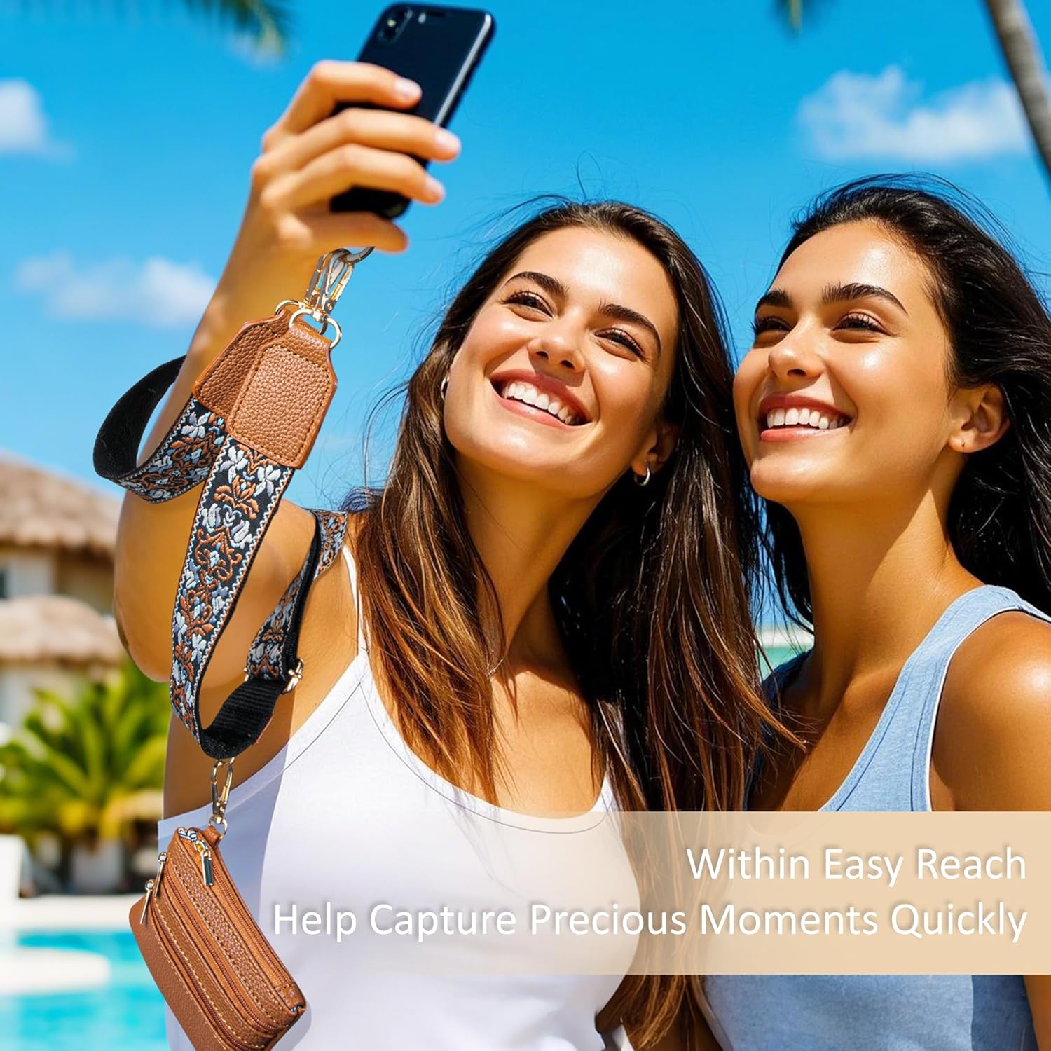 Clip and Go Strap for Phone with Wallet Crossbody Lanyard Adjustable Strap with Zipper Pouch Fit for All Phones-Brown