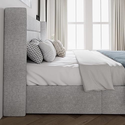 Miniatura 62 de SHA CERLIN Cama de Almacenamiento Elevable Tamaño King/Tapizada en Terciopelo/Cabecera Moderna con Respaldo de Ala/Marco de Cama Plataforma