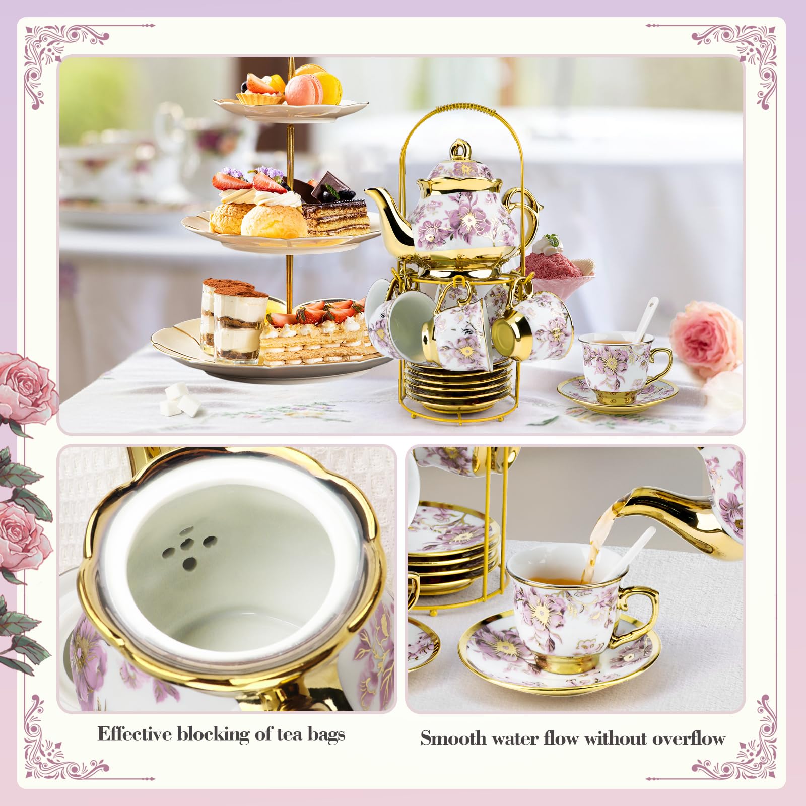 Juego de té de porcelana de 20 piezas con soporte de metal, regalo para adultos, juego de té de cerámica europea para adultos, juego de platillo de taza de té de flores para fiesta con pintura de