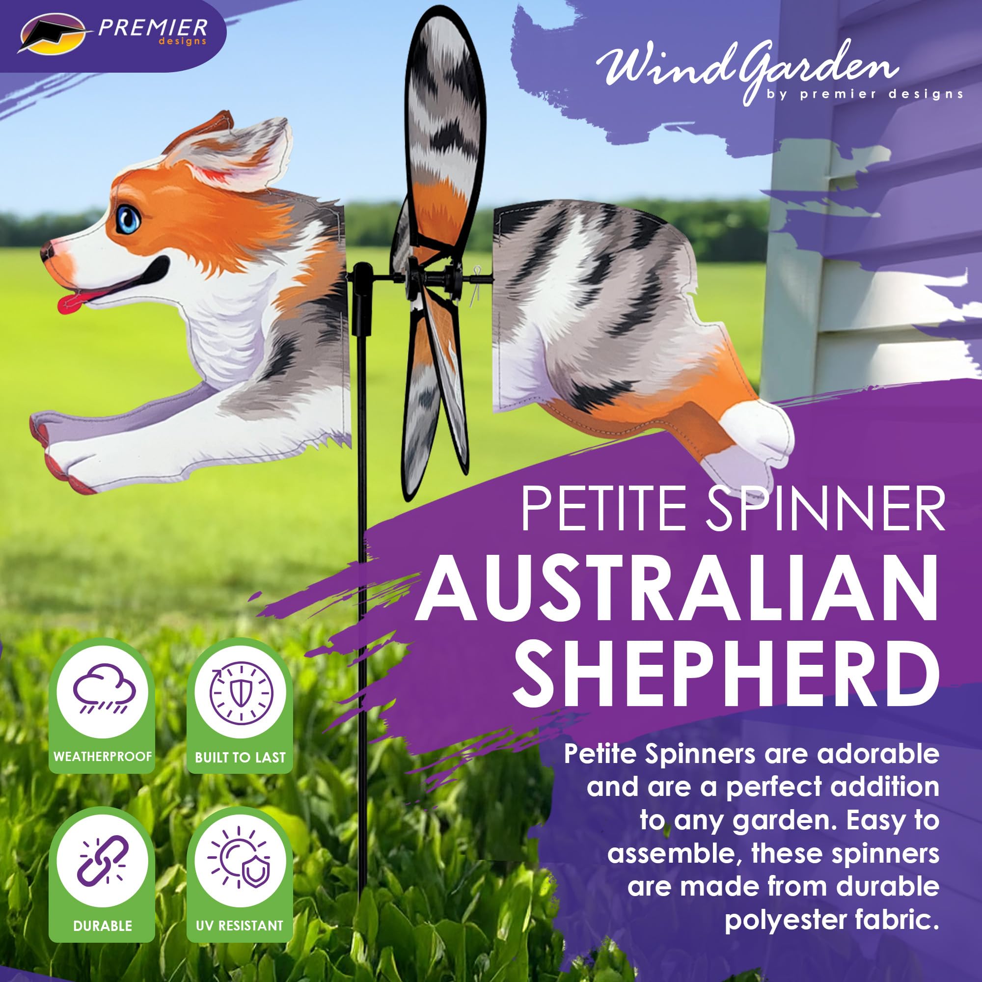 Premier Kites Petite Spinner Australian Shepherd - Skurriles Windspiel für Hof & Garten, strapazierfähiges, wetterbeständiges Gewebe, einfach zu montieren, Outdoor-Dekor für Terrassen, Rasenflächen
