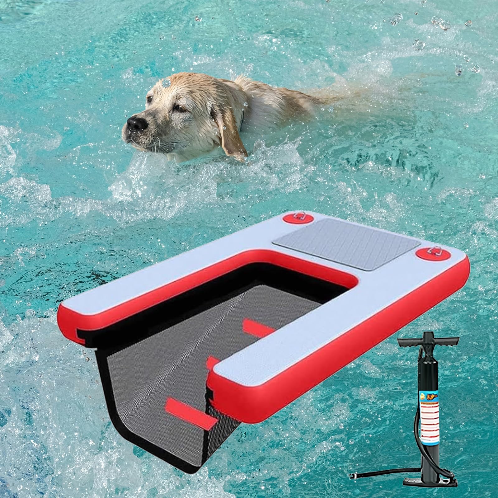 Rampa galleggiante per cani, piattaforma gonfiabile per animali domestici, con gradini antiscivolo, scala per acqua per piscina e barca