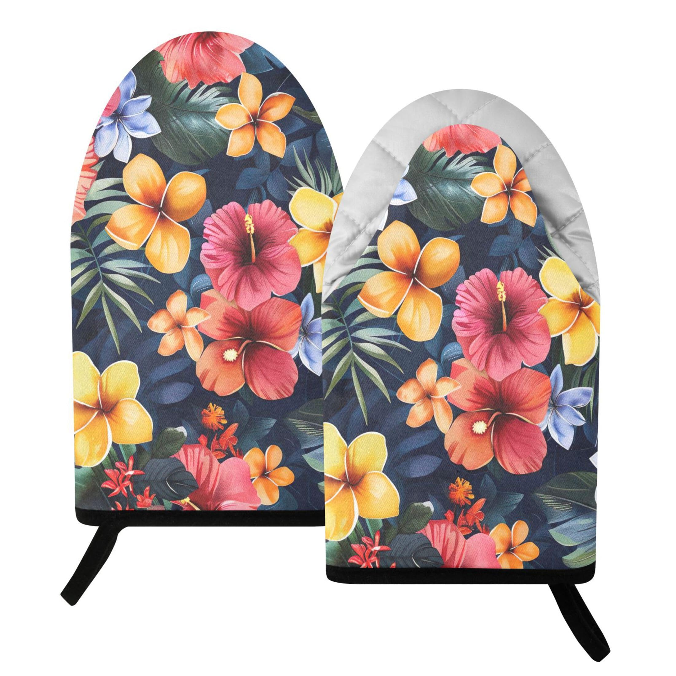 Kutsu Floral Hawaiian Oven Mitts for Kitchen, Heat Resistant Cotton Oven Gloves for BBQ Baking Cooking, Breathable Kitchen Essentials, 2 pcs