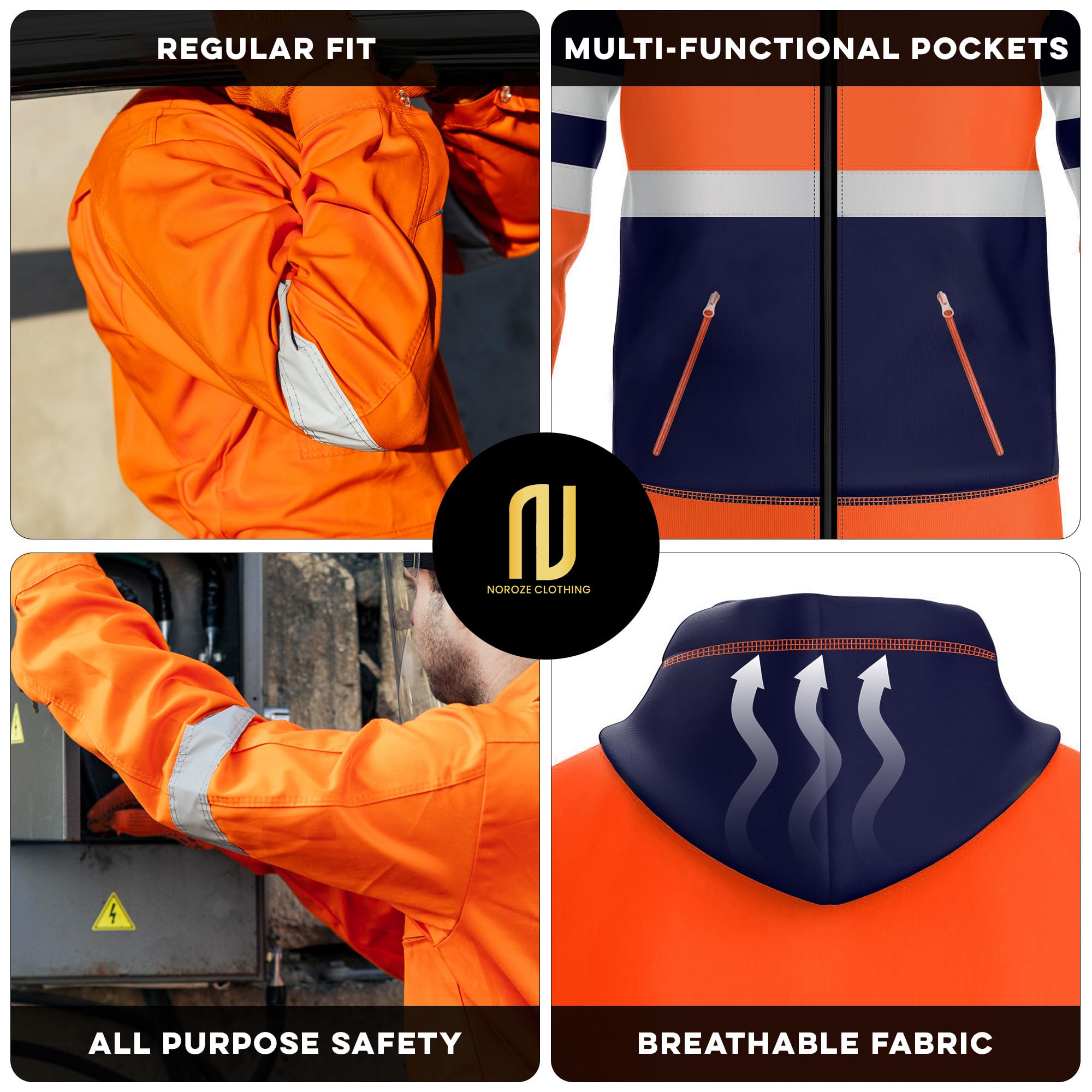 NOROZE Sudadera Alta Visibilidad Hombre con Capucha y Cinta Reflectante Cremallera Completa