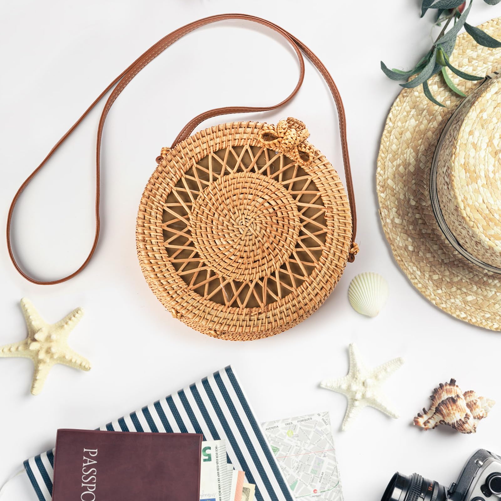 Okllen Borsa rotonda in rattan da donna, stile bohémien, intrecciata a mano, borsa a tracolla in paglia per vacanze estive