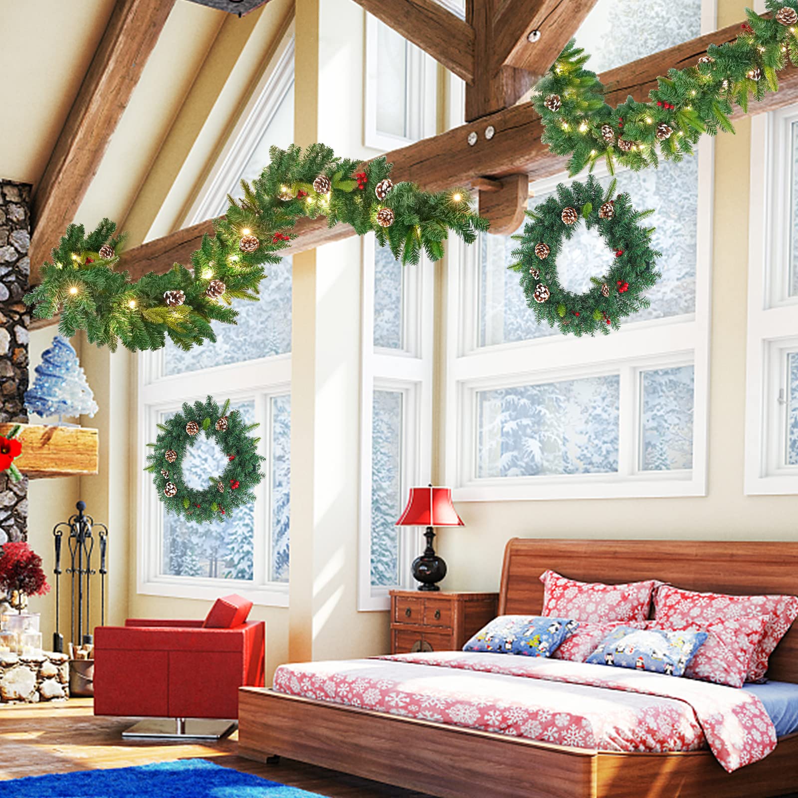 Froadp 500cm Künstliche Girlanden für Festlichkeiten, Weihnachten Tannengirlande mit Grünen Blättern Kiefernzapfen & Rot Beeren, Weihnachtliche Kränze mit LED, Hängende Blumen Türkranz für Parties