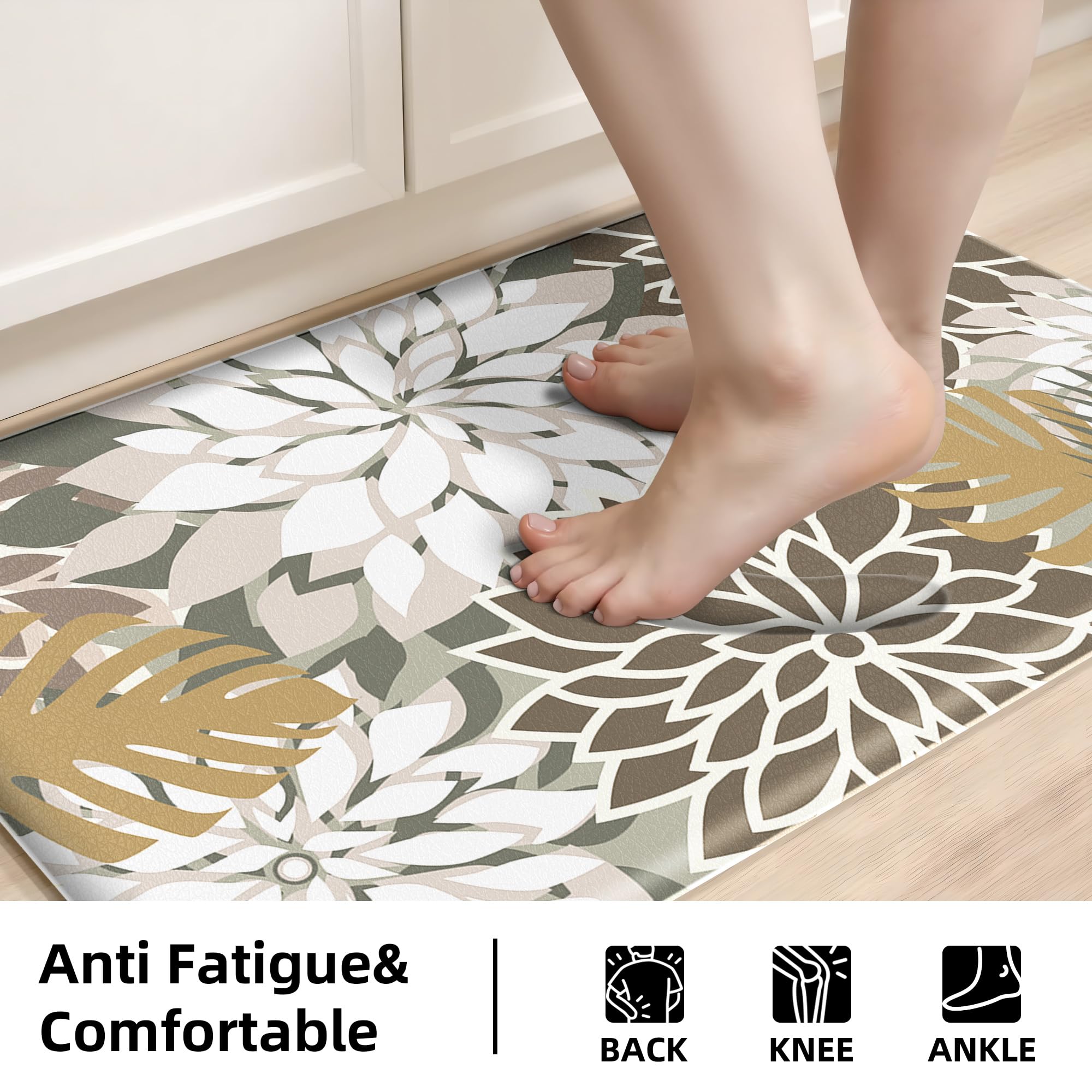 Arenarug Kitchen Mats for Floor 2 Piece Cushioned Anti Fatigue Kitchen Mats Waterproof Non Slip Kitchen Mat Rug Set Comfort Foam Standing Mat for Sink, Laundry, Office, Black White: Brown White 17.3"x30"+17.3"x59"-0.4 inch