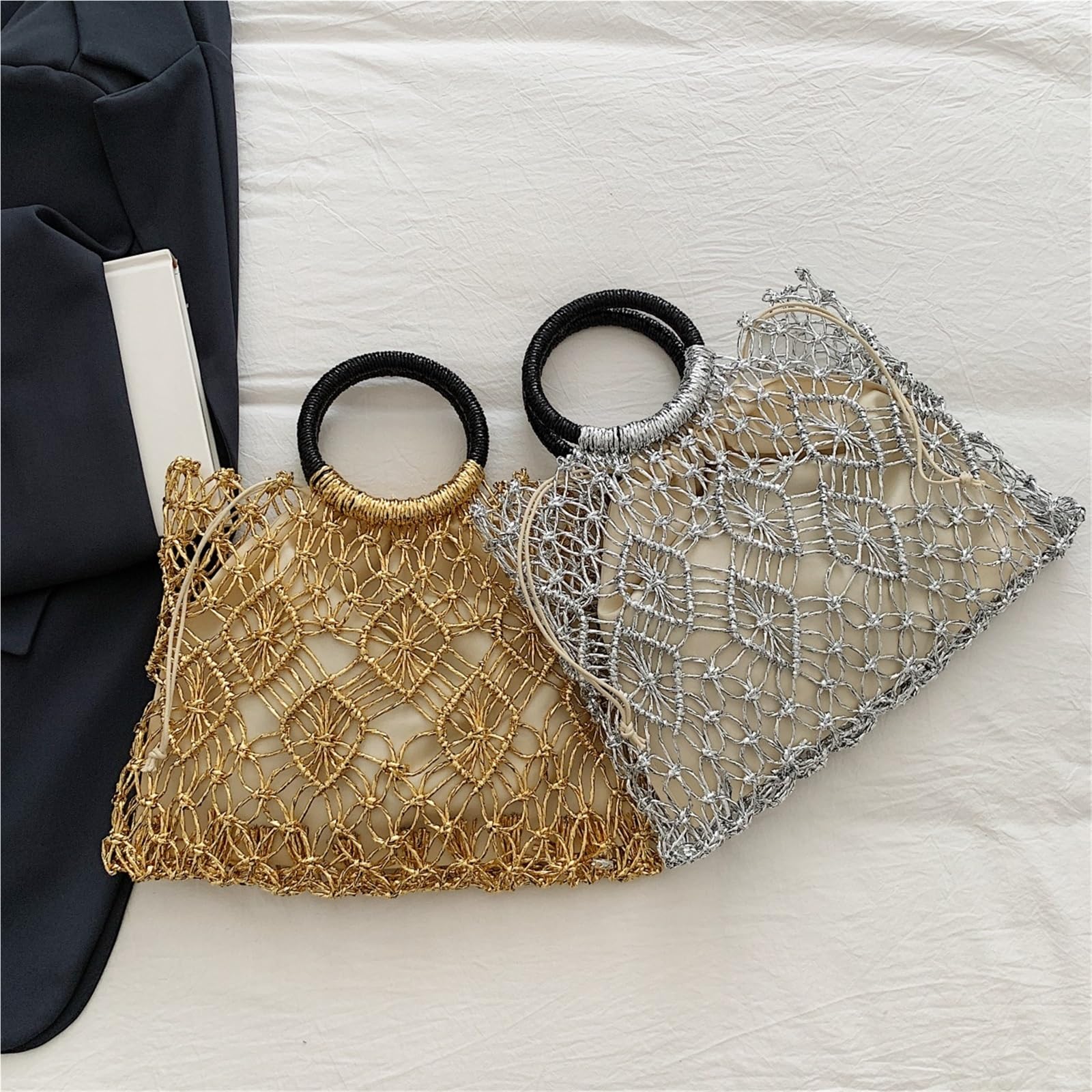 borsa donna estiva Borse da donna con manico rotondo dal design tessuto fatto a mano ecologiche superiore scavate
