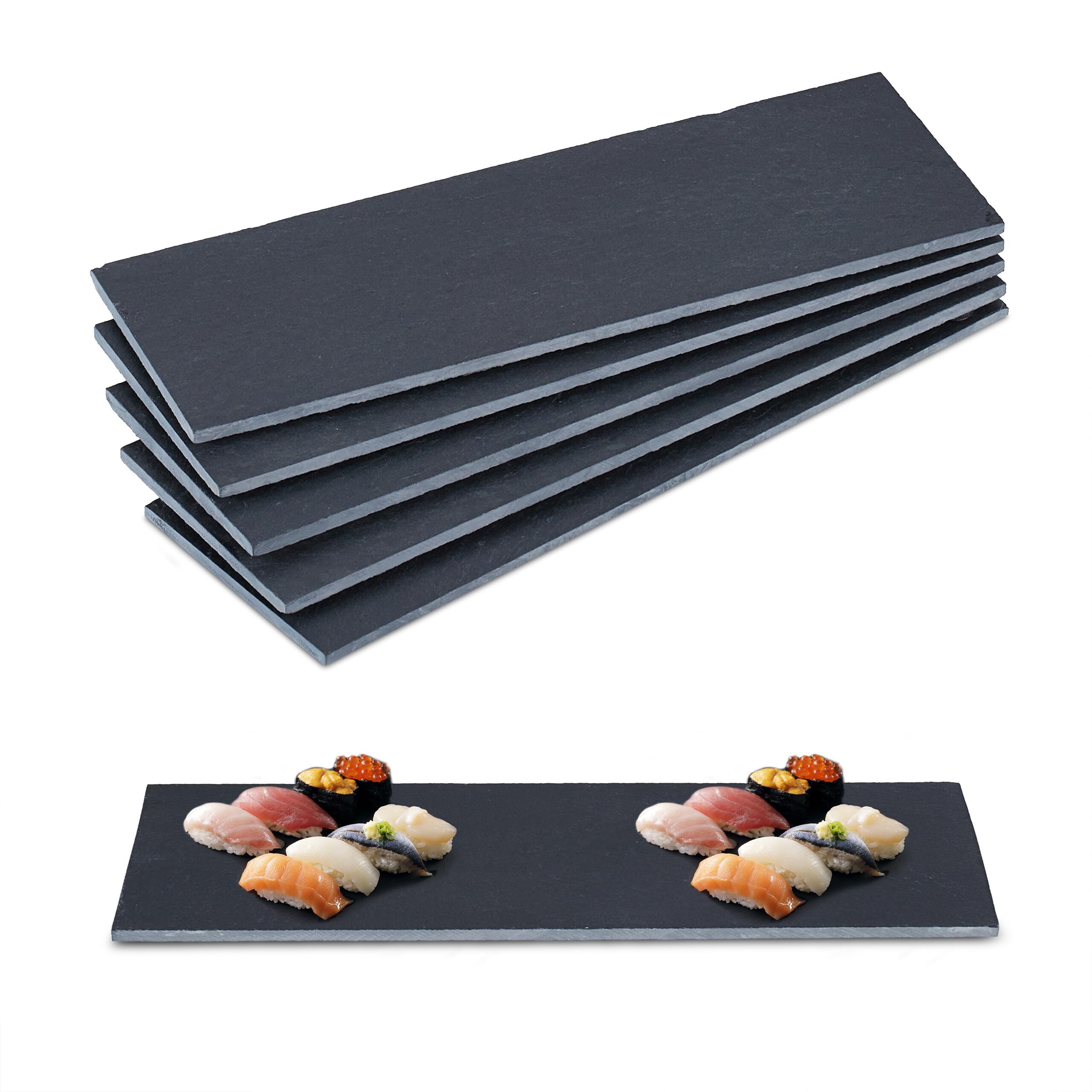 Relaxdays Slate Plates, Set of 6, Rectangular Serving Platters, 30 x 10 cm, Cheese & Desserts, to Write On, Dark Grey