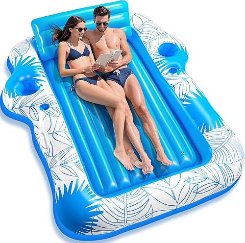 Inflatable Pool Lounger Float for Adults - JIANYHW X-Large Beach Sun Tan Tub Pool Lounge Raft Sunbathing Pool Floaties with 2 FoodDrink Holder, Blow