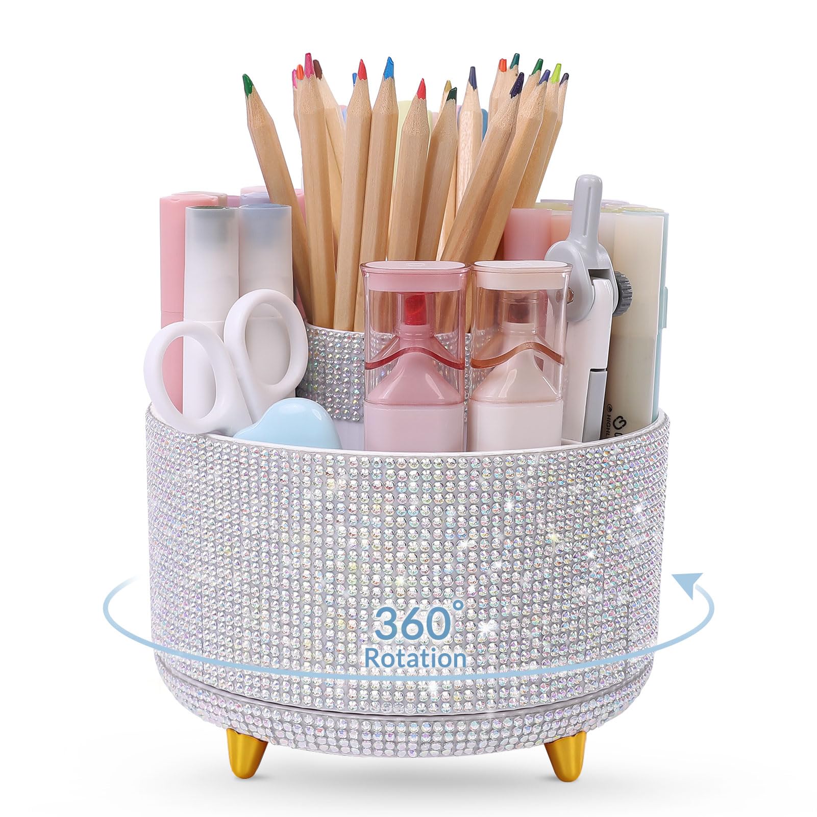 SKYDUE Organizer da scrivania girevole a 360 gradi, portapenne brillante a doppio scopo con strass, organizer da scrivania rotante con 5 scomparti, portapenne con strass, per ufficio, scuola, casa
