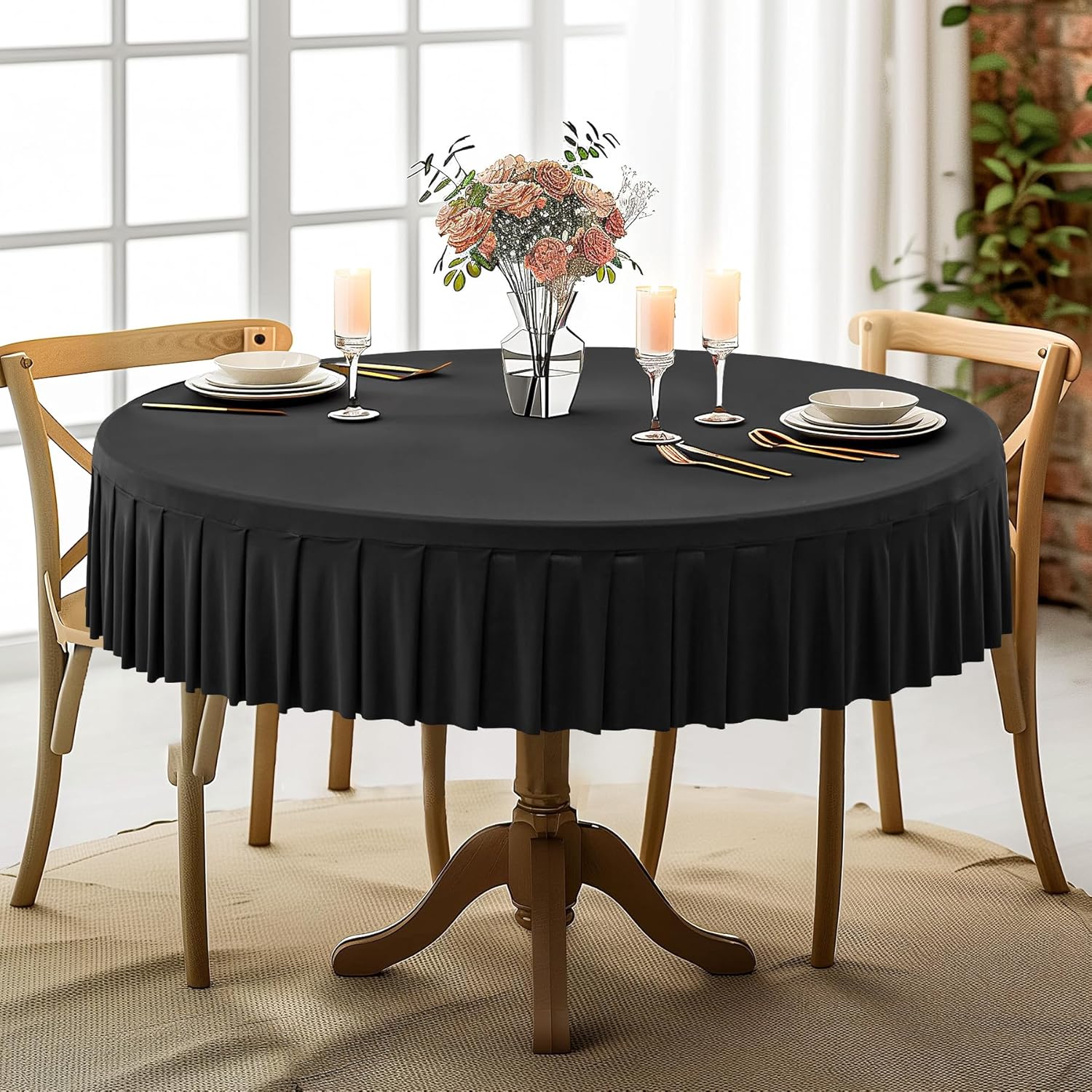8 Pack Black Round Spandex Tablecloth for 72 inch Table, Wrinkle Free Stretchy 120inch Fitted 6FT Round Table Cloths Cover with Skirt for Wedding Birthday Party Dining Banquet Events