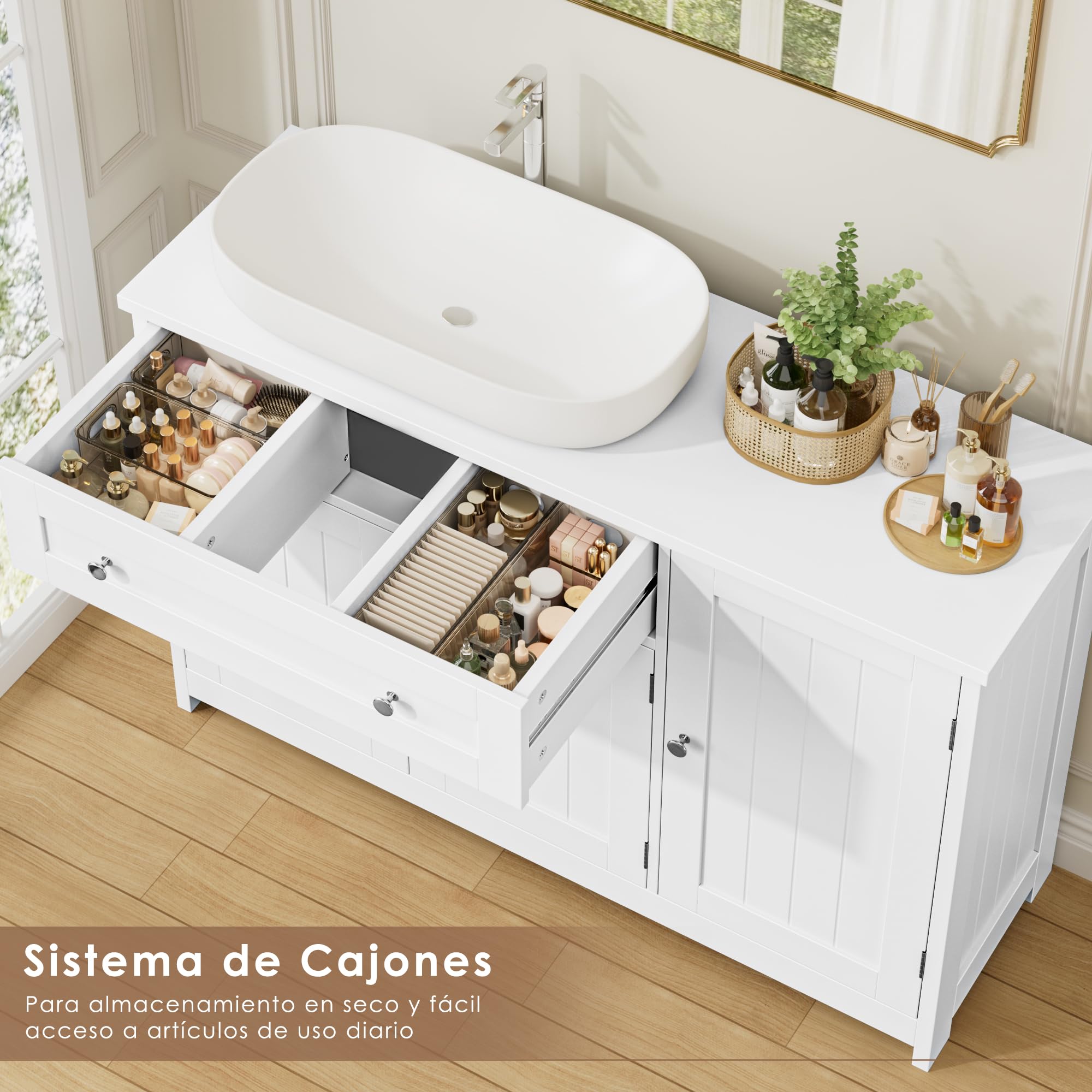 FOREHILL 90cm Mueble Bajo Lavabo, Mueble Baño, Blanco, 90x30x61,5cm | Mueble Lavabo con Pie, con 3 Puertas, 1 Cajón, Estantes Ajustables