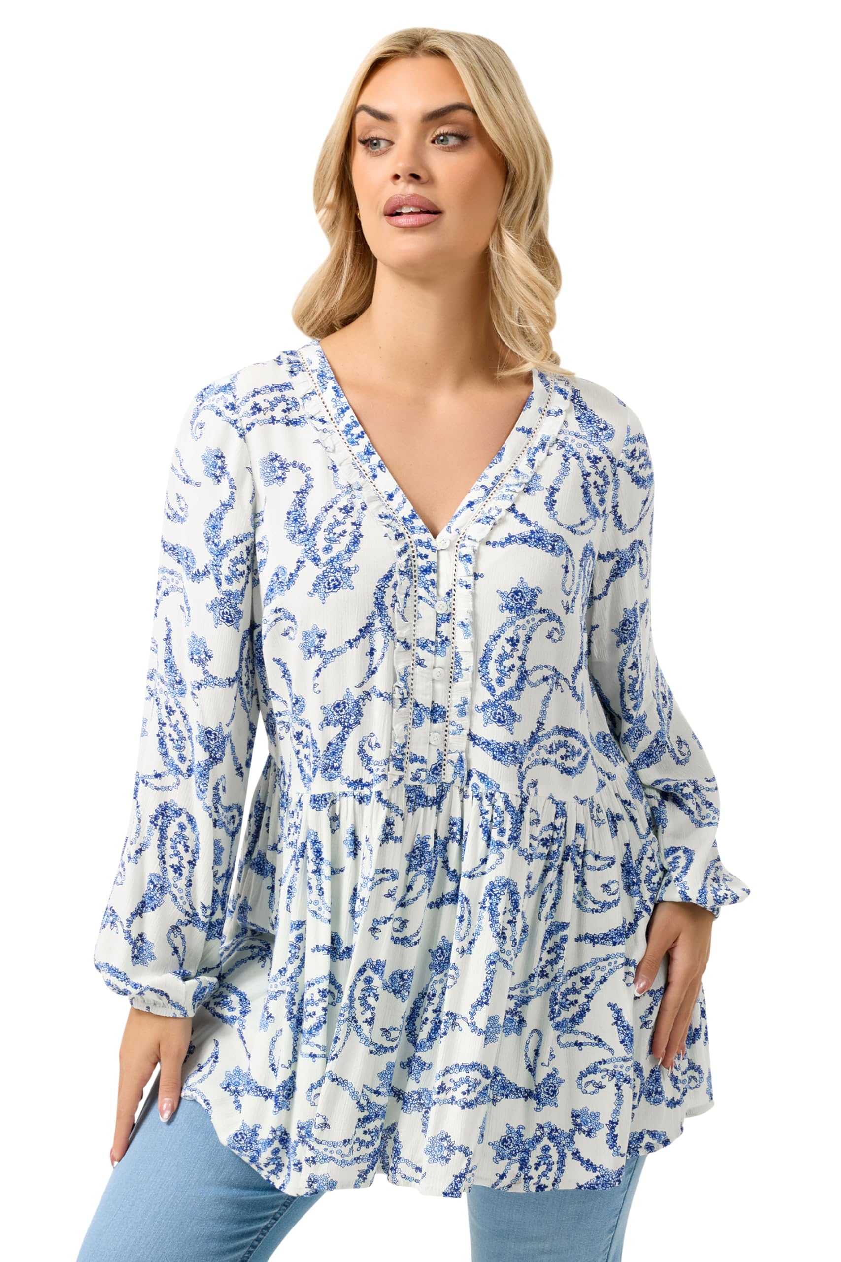Yours Women's White Paisley Print Ruffle Blouse In Size 34-36