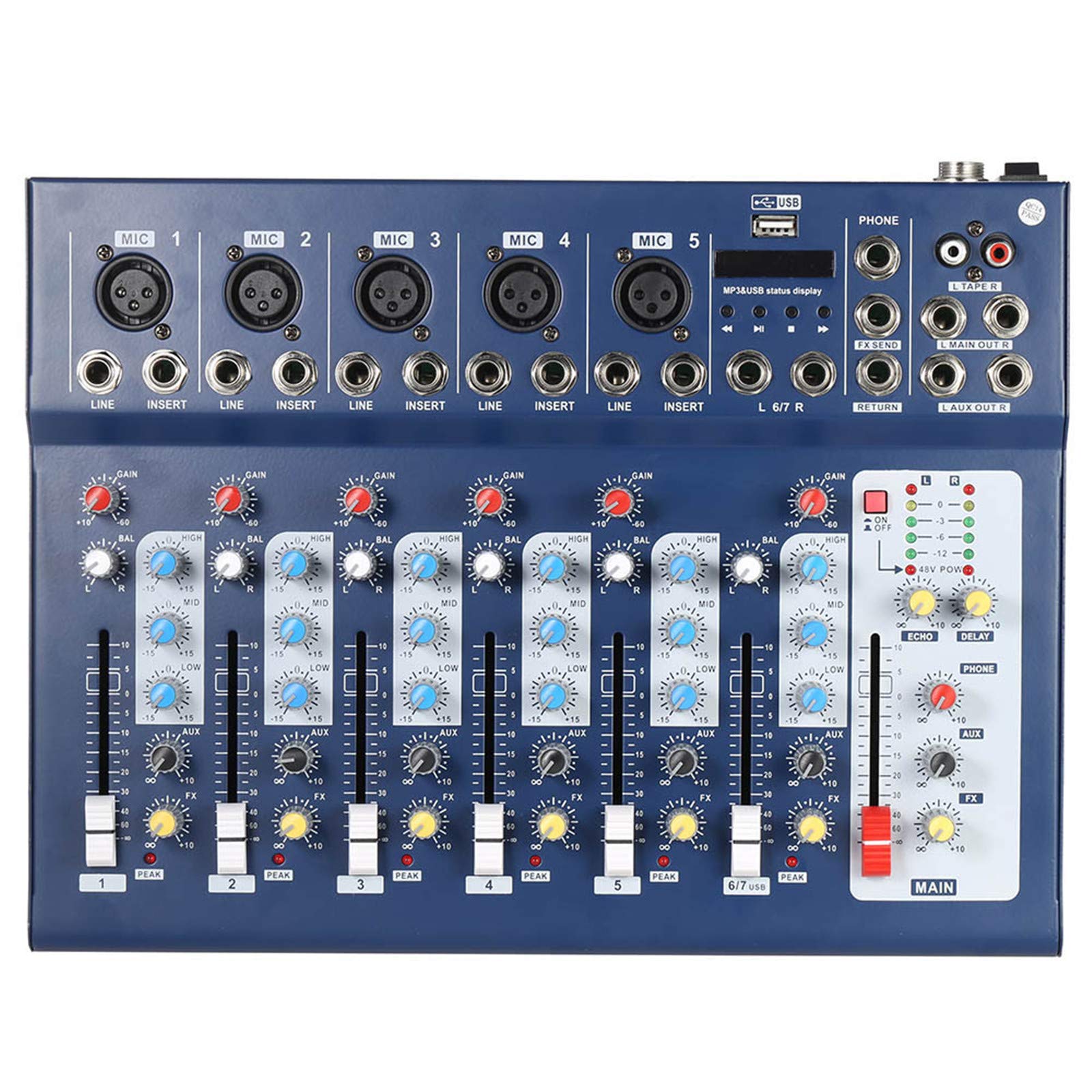 AFYH Bureaux de mixage de Studio, Console de mixage Audio de Ligne de Micro numérique à 7 canaux avec entrée USB Égaliseur à 3 Bandes pour l'enregistrement de la Musique de karaoké sur scène DJ