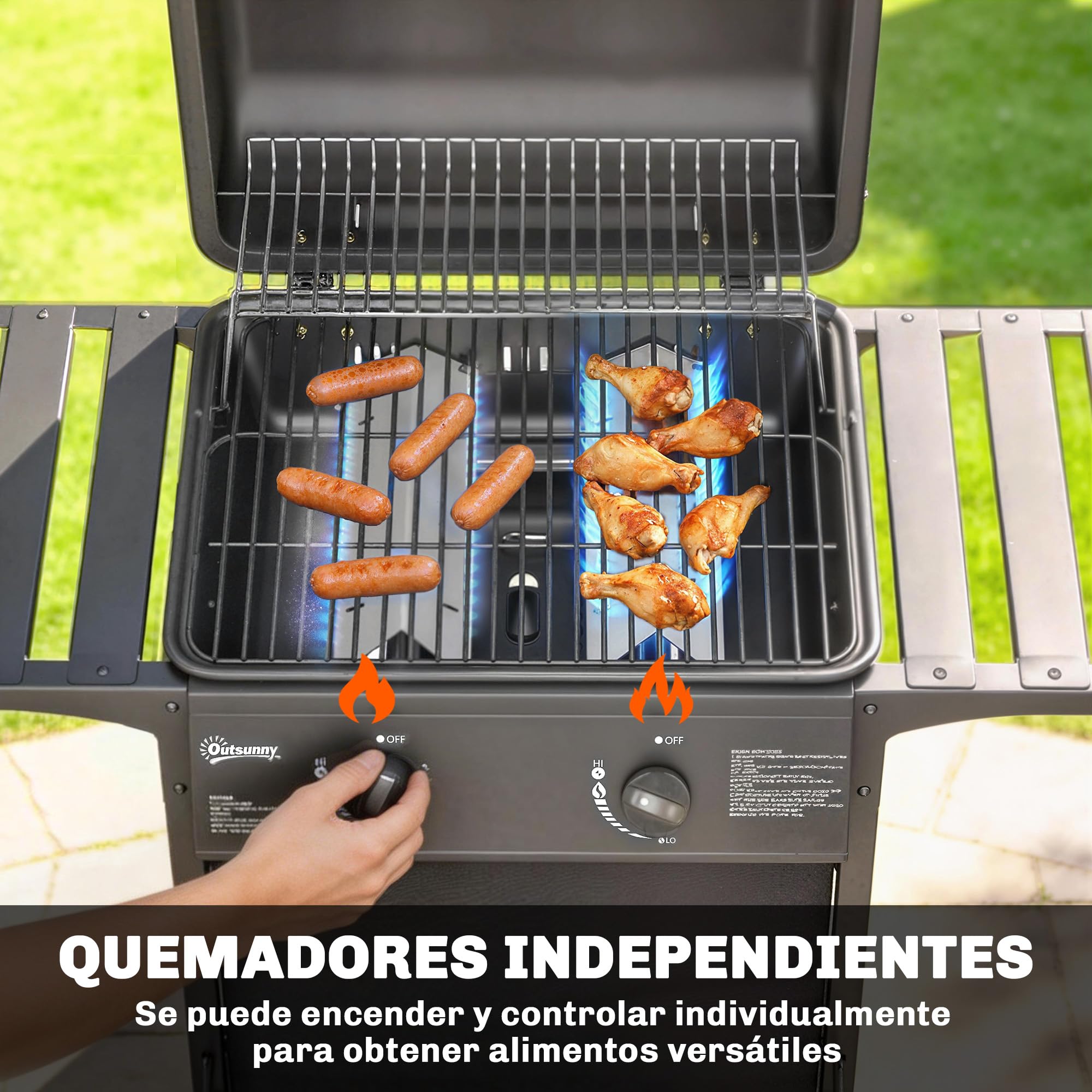 Outsunny Barbacoa de Gas BBQ Gas con 2 Quemadores 5 kW, Barbacoa Portátil con Termómetro, Mesas Laterales, Estante, Rejilla Calentadora, Encendido Piezoeléctrico, Bandeja de Grasa y 2 Ruedas, Negro