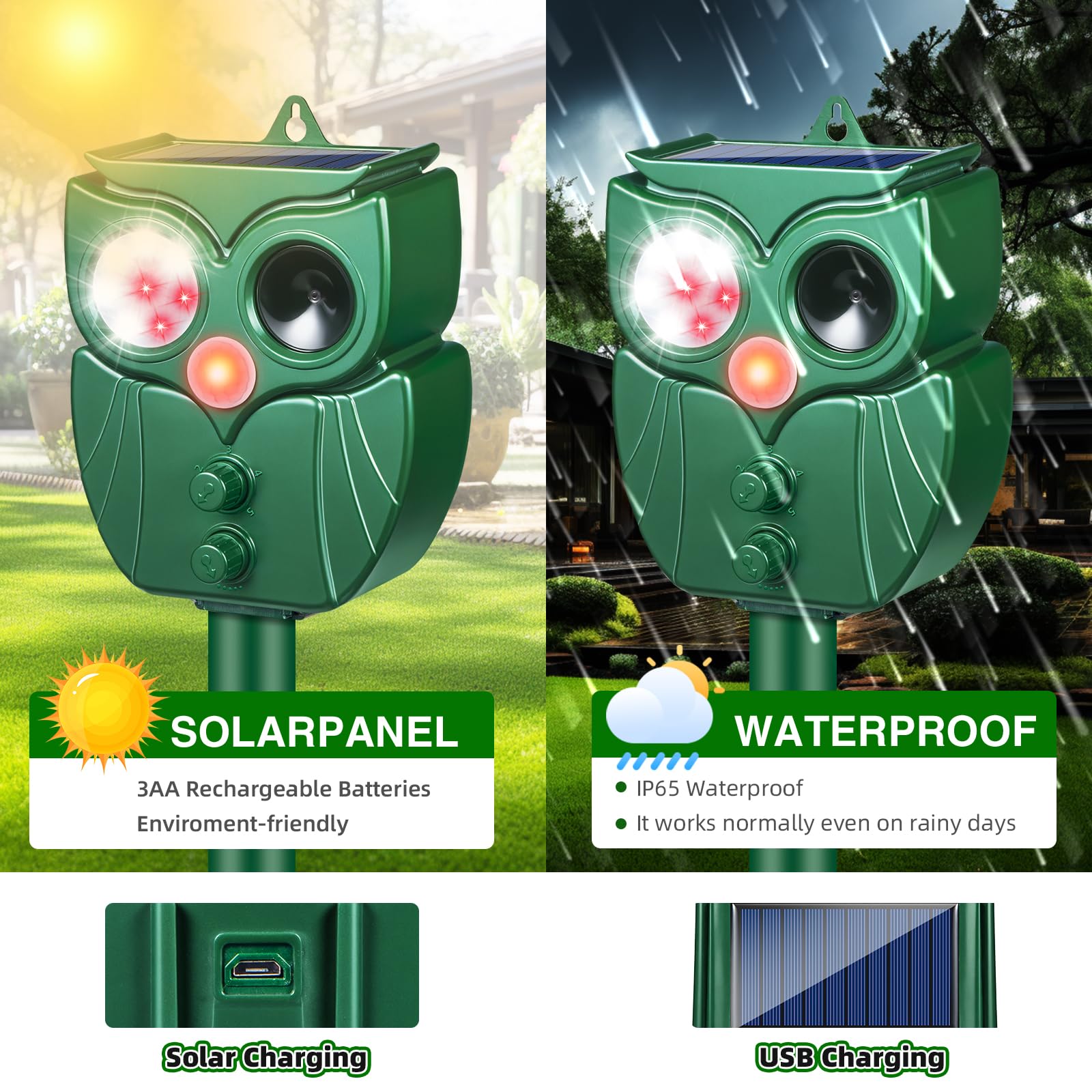 Ultraschall-Tiervertreiber für den Außenbereich, mit Bewegungssensor, wasserdicht, solarbetrieben, mit LED-Blitzlicht, effektive Abschreckung für Hunde, Eichhörnchen, Waschbären, Stinktiere, Kaninchen