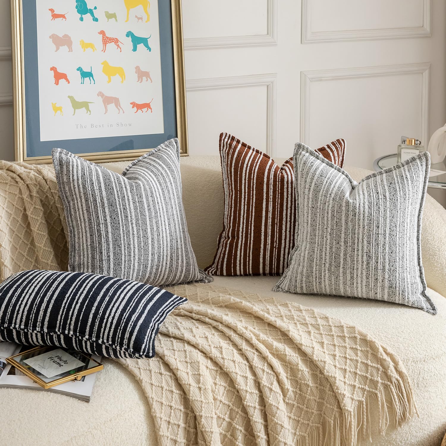 Madizz 2 Pezzi Copri Cuscini in Boucle con Bordo Decorativo Neutri Morbido Copricuscini Fodere per Cuscino Lusso Stile Arredi per Divano e Letto Grigio chiaro 45x45 cm