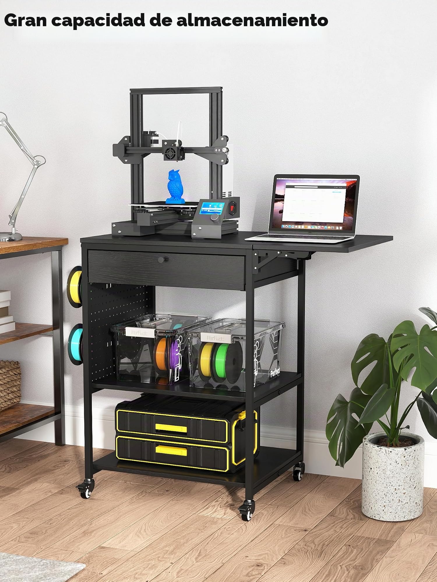 Mesa de impresora 3D móvil de 3 niveles con estante de almacenamiento y cajón, organizador de escritorio multiusos, carrito de impresora rodante para oficina y hogar (90 cm x 50 cm x 80 cm)