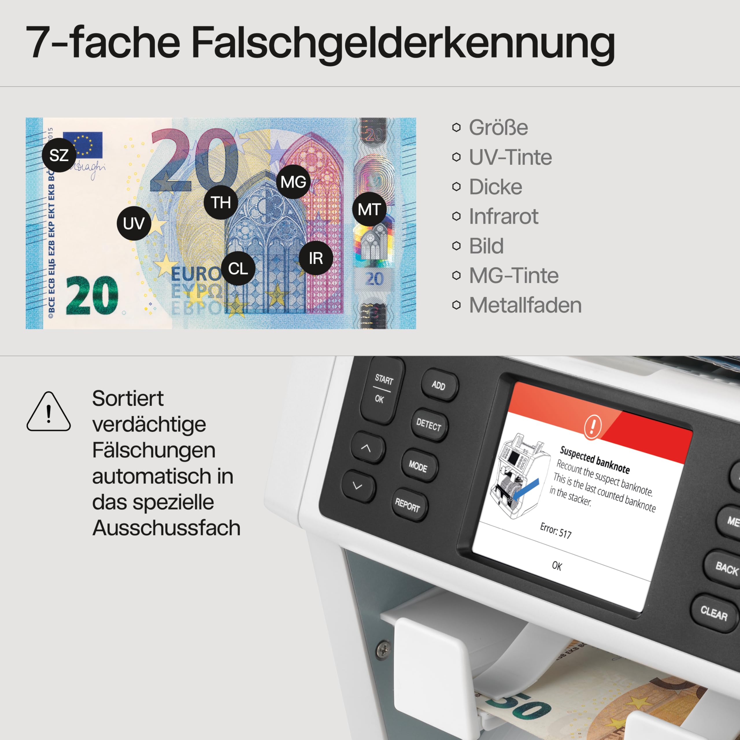 Safescan 2985-SX Geldzählmaschine, Wertzählung und Sortierung von gemischten Banknoten - Banknotenzähler mit 7-facher Echtheitprüfung - Geldzählmaschine mit Sortieroptionen