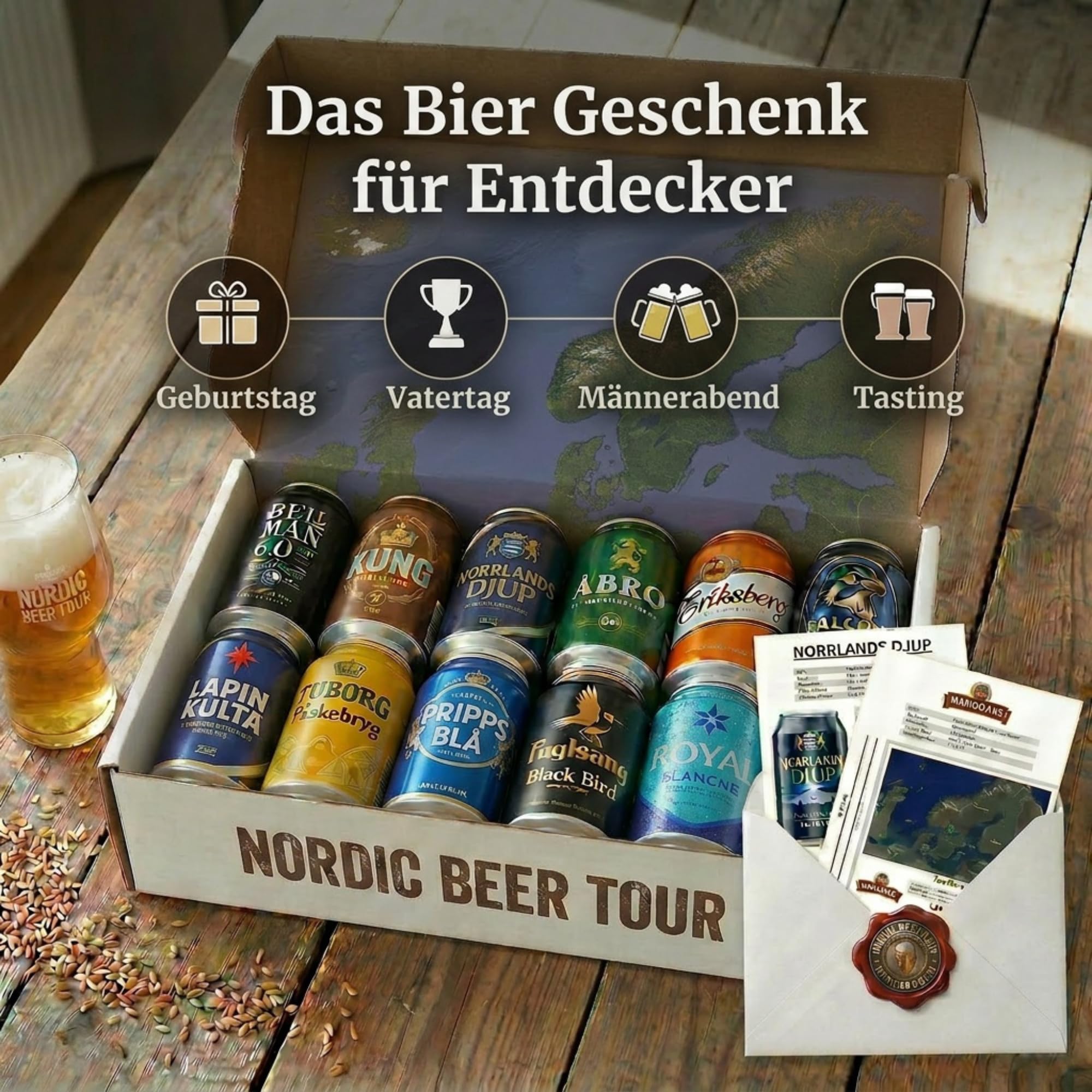 Nohawa Nordic Beer Tour Bier Probierpaket 12 x 0,33 l – Skandinavisches Beer Geschenkset mit 10 festen + 2 saisonalen Sorten – Bier Geschenkbox aus Dänemark, Schweden, Finnland