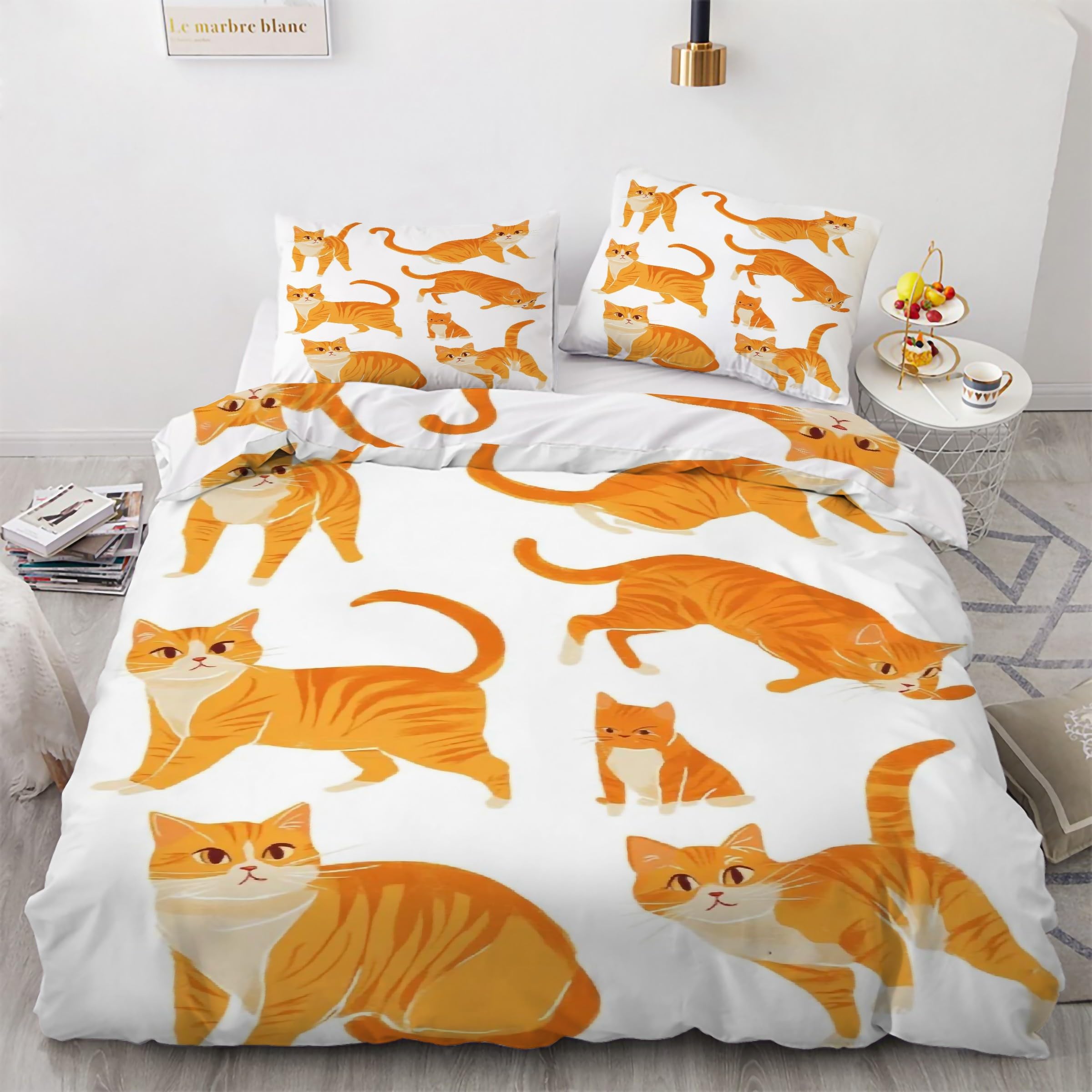 Housse de Couette 220x240 Chat Orange Parure de Lit 3 Pièces en Microfibre