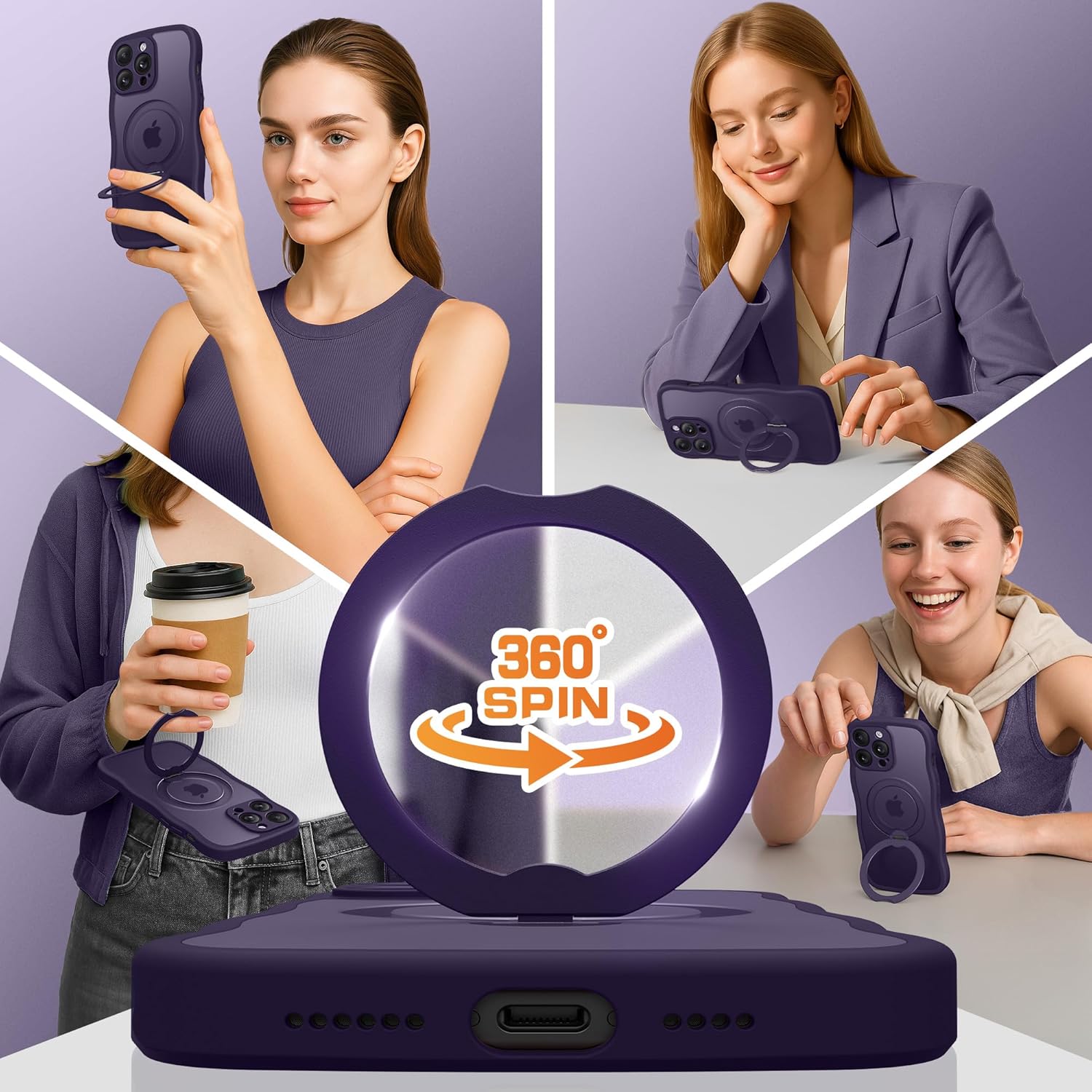 for iPhone 14 Pro Max Case for Women,[Compatible with Magsafe][360° Spin Magnetic Stand][Cute Wave Edge][Military-Grade Protection]Translucent Matte Phone Case for iPhone 14 ProMax, Dark Purple - Image 5