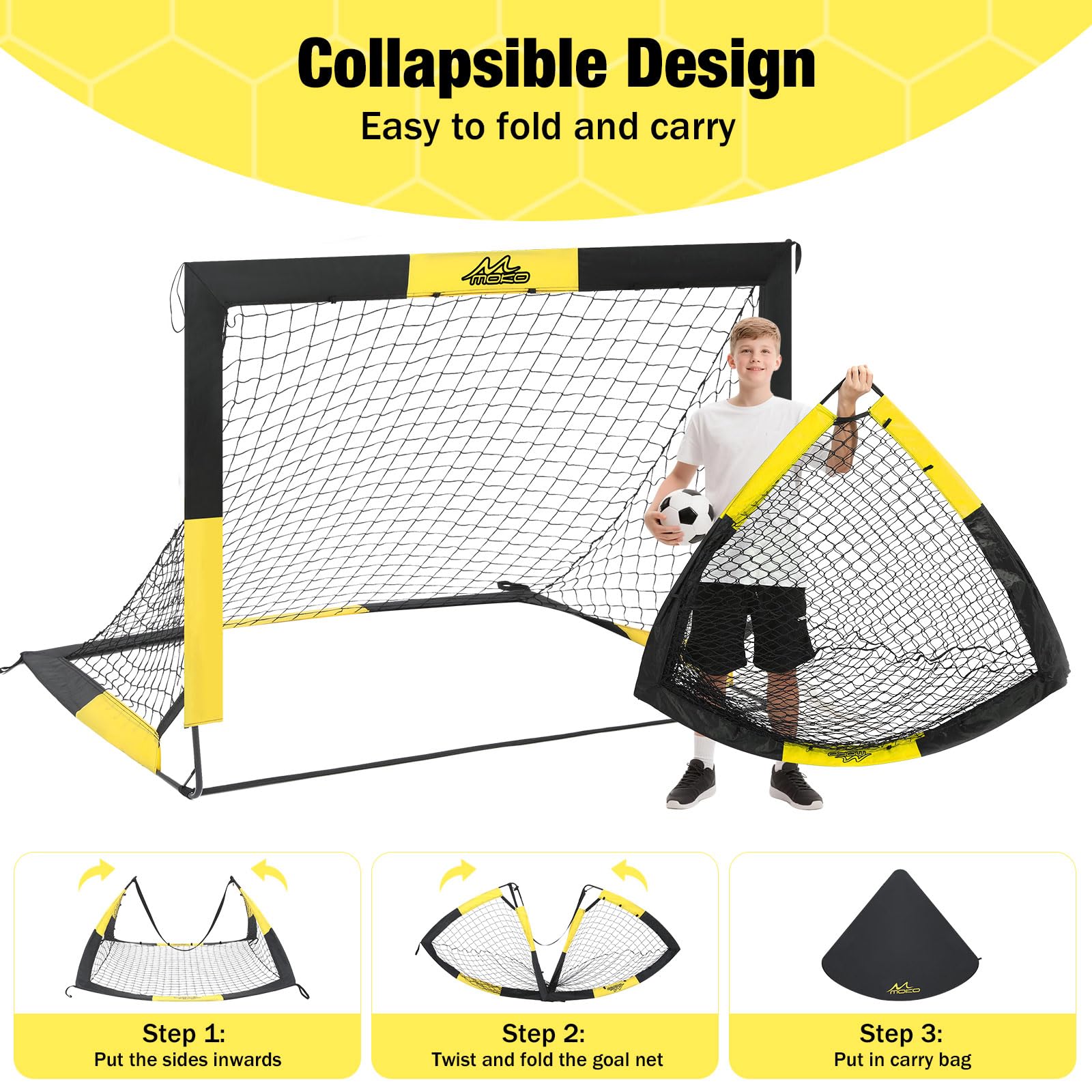 MoKo Portería de Fútbol para Jardín, 2 Paquete 5×4 FT Red de Portería Plegable con Panel de Blanco, Equipo Portátil de Entrenamiento de Fútbol para Niños, Juego de Deportes de Exterior, Negro+Amarillo