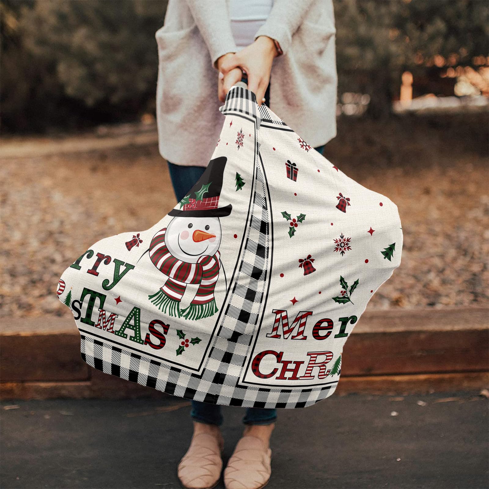 Nursing Cover for Breastfeeding Scarf, Retro Christmas Snowman Snowflake Xmas Tree Plaid Baby Car Covers Super Soft Multi Use for Canopy Shopping Cart Cover Blanket Stroller Cover