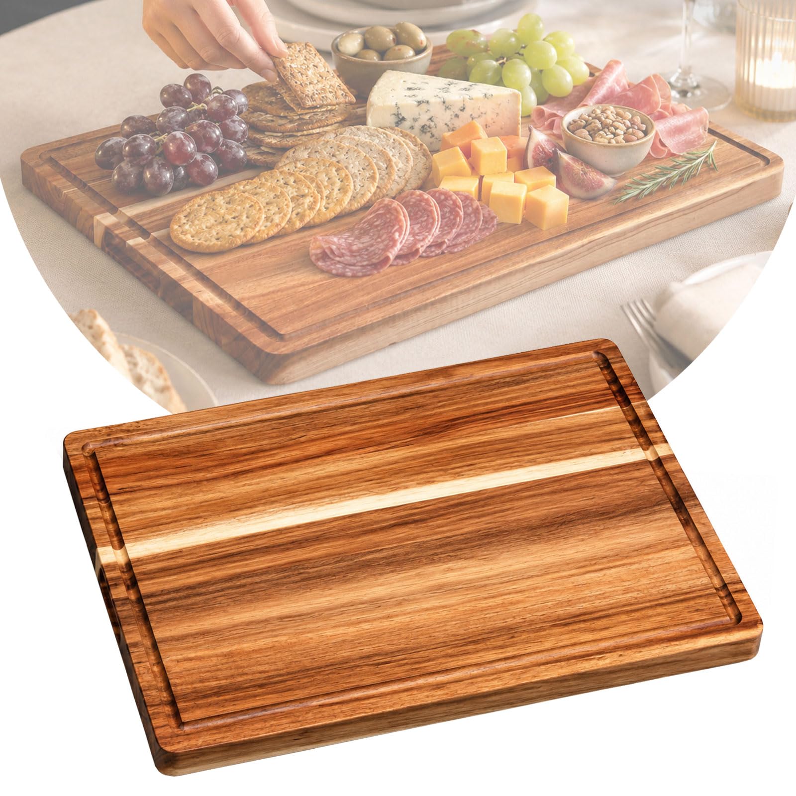 PSKJHN 2-in-1 Acacia Chopping Boards & Serving Tray – Multi-Purpose Kitchen Cutting Board with Juice Groove & Side Handle for Carving Meat, Vegetables, Fruits, Cheese And Bread - Reversible