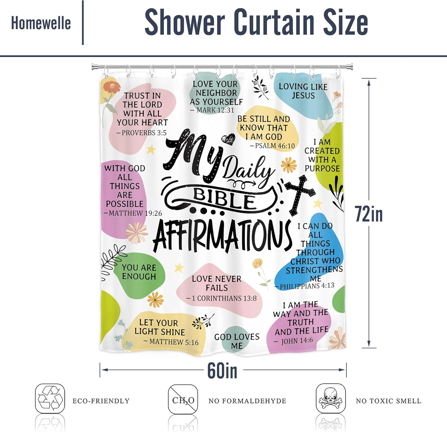 Homewelle Christian Bible Verse Shower Curtain Abstract Boho Mid Century Inspirational Quotes Minimalist Geometric Scripture 60Wx72H Inch Multicolor Waterproof Polyester Fabric Bathroom Bathtub