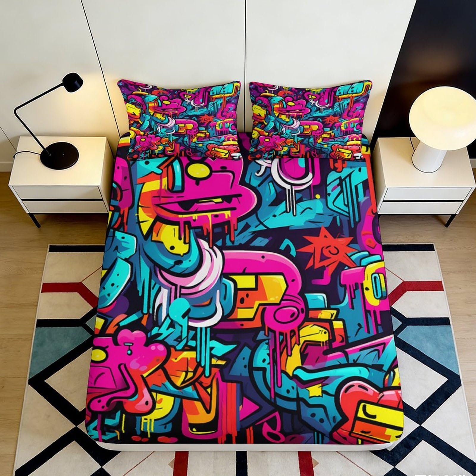 3D Printed Graffiti Art Fitted Sheet Microfiber Colorful Urban Street Mattress Cover for Bedroom Dorm Apartment Decor 90x200x25cm