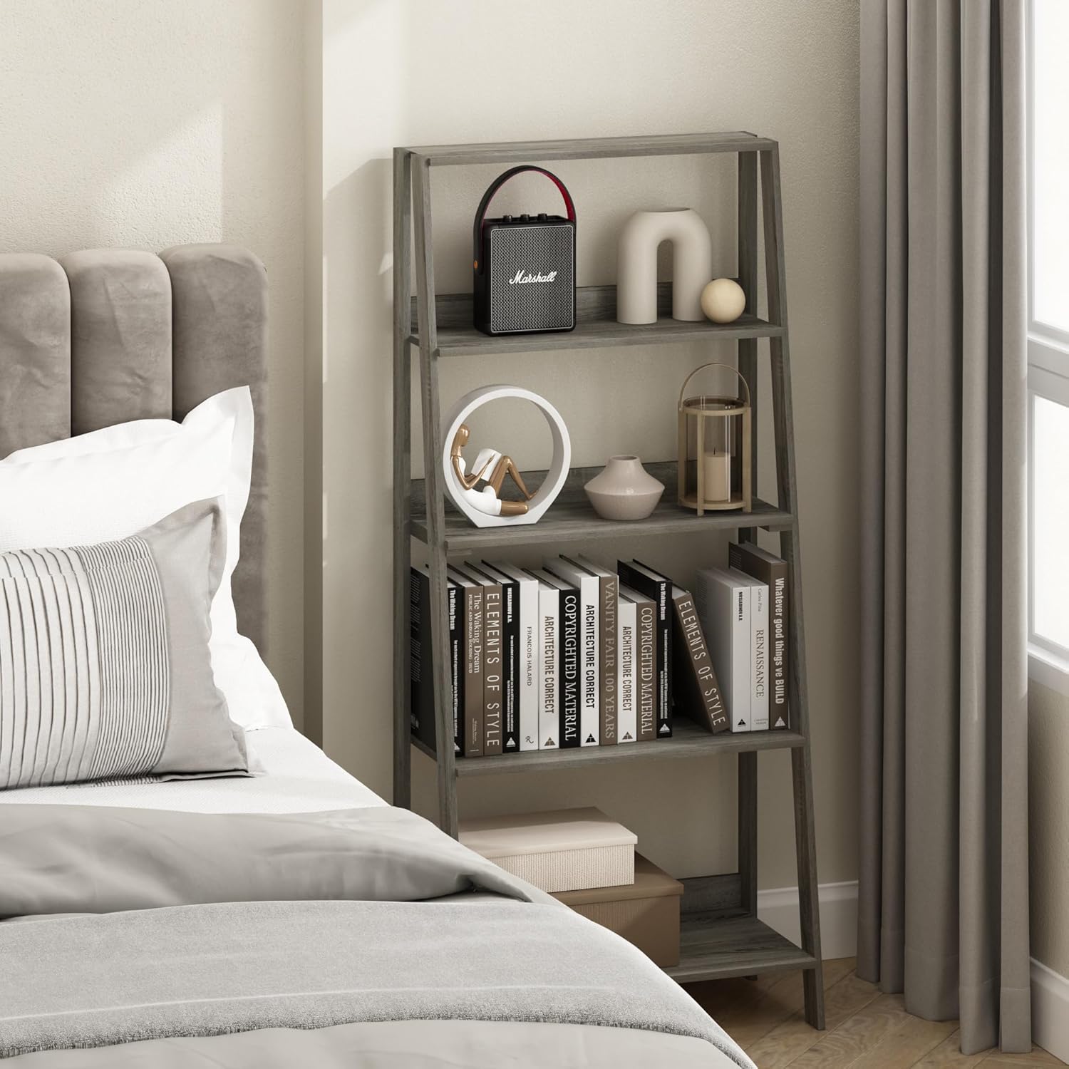 Furinno Ladder Book Shelf, 5-Tier Ladder Shelf, Bookshelf, Display Storage Shelves, 13 x 23.6 x 53.5, for Living Room, Home Office, Grey Oak