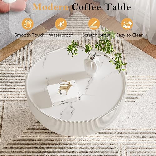 Miniatura 35 de Mesa auxiliar redonda moderna, mesa auxiliar de sofá de mármol sintético con base cubierta de cuero sintético en forma de cuenco, mesa auxiliar