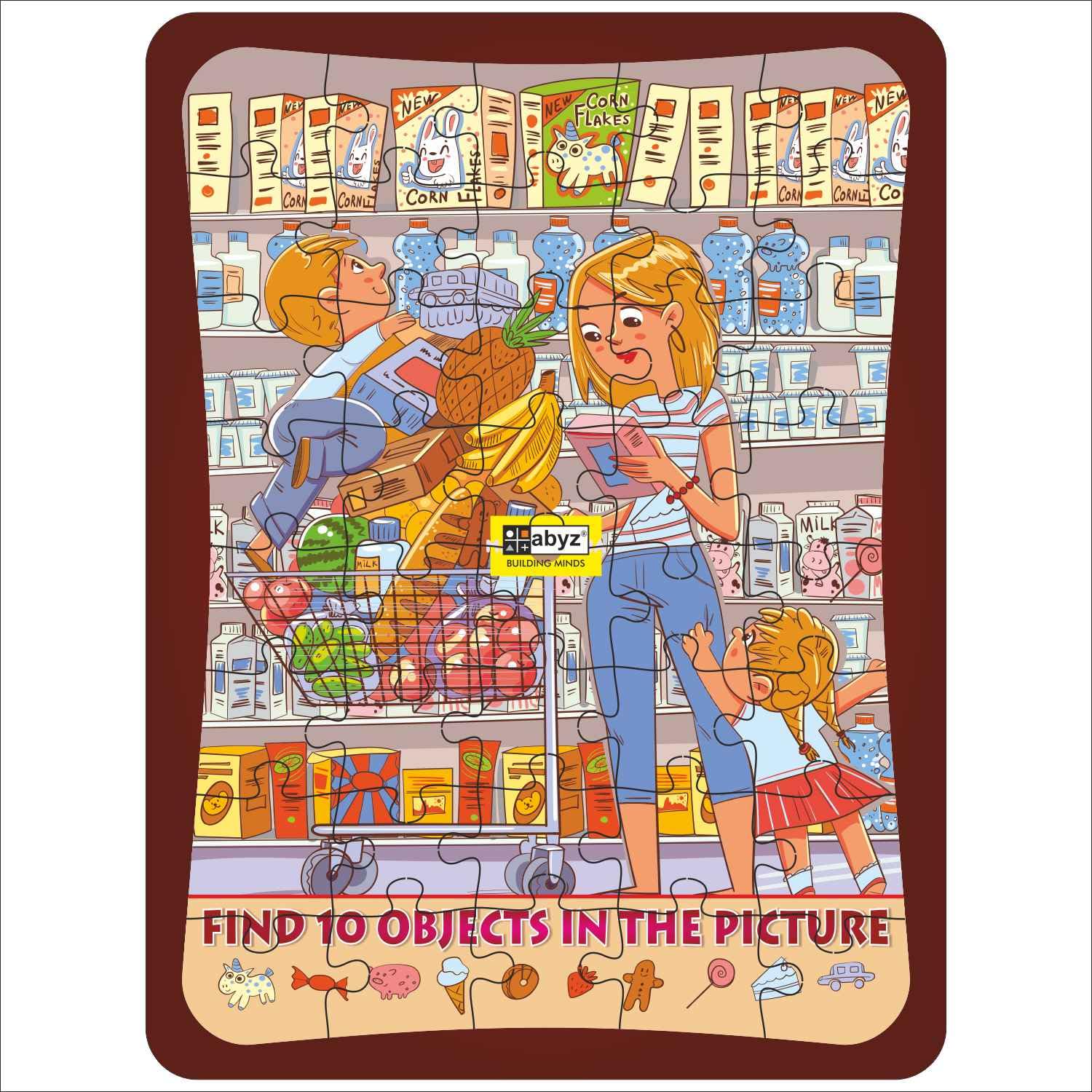 ABYZ Jigsaw Puzzle, Grocery Shopping & Fun Educational Jigsaw for Little Explorer, 40 - Piece Wooden with Multicolor, Birthday Gift for 36 Months - 6 Year Age Kids.