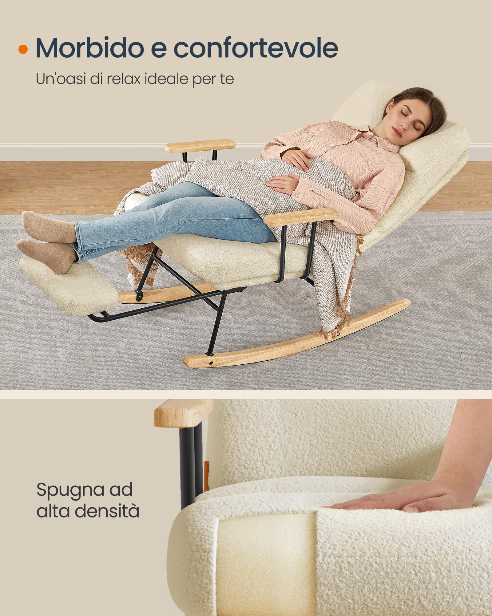 SONGMICS HOME Poltrona a Dondolo, Gambe in Legno di Hevea, Sedia a Dondolo, Schienale Regolabile a 4 Posizioni, Portata Massima 160 kg, Camera da Letto Soggiorno, Marrone Cammello LYY016LJ01