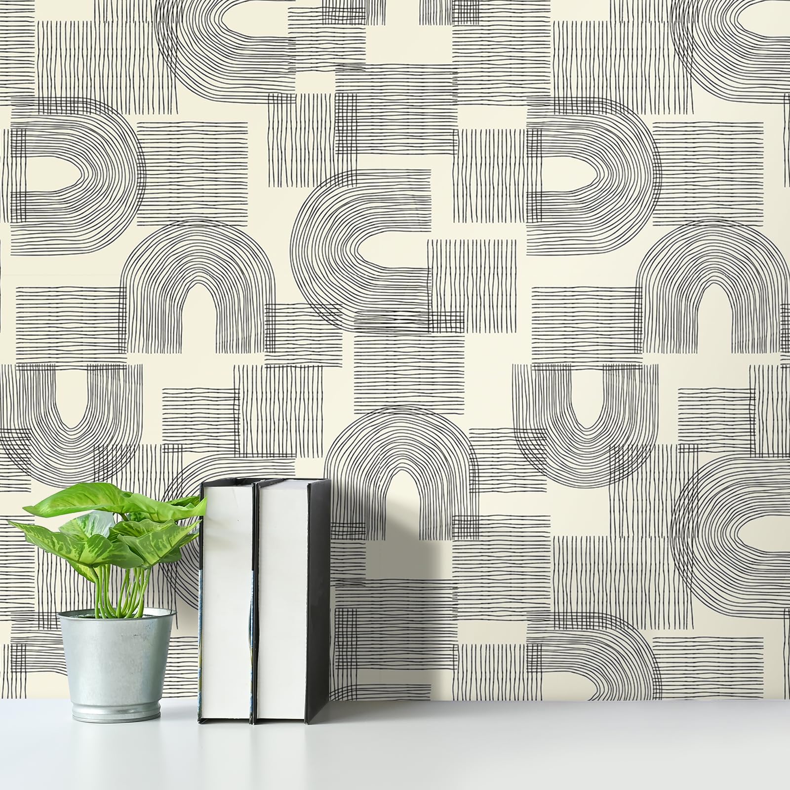 Decotalk Papel Pintado Autoadhesivo Pared Beige Geométrico Moderno Bohemio 44.5X900cm Papel Pintado Geométrico Beige Patrón de Arco Abstracto Fotomurales Decorativos Pared Dormitorio Salón Baño Ático