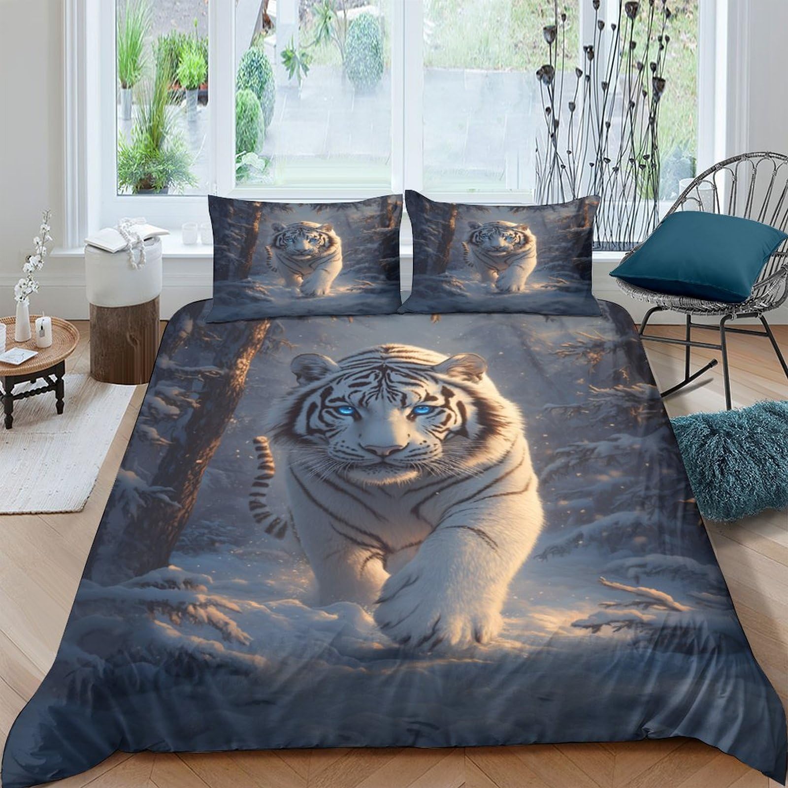 GPLZQXKJNH 3D Printed White Tiger Duvet Cover Set Microfiber Soft Breathable Forest Bedding with 2 Pillowcases for Bedroom Decor Single（135x200cm）