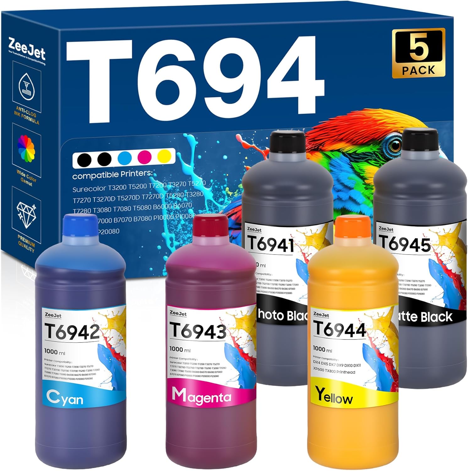 T694 Refill Pigment Ink Cartridge 1000ml 5-Color Set T6941 T6942 T6943 T6944 T6945 Use for SureColor T7000 T7270 T3270 T5270D T5270 T3270 T7270D T5000 T3000 Printer Ink Cartridge