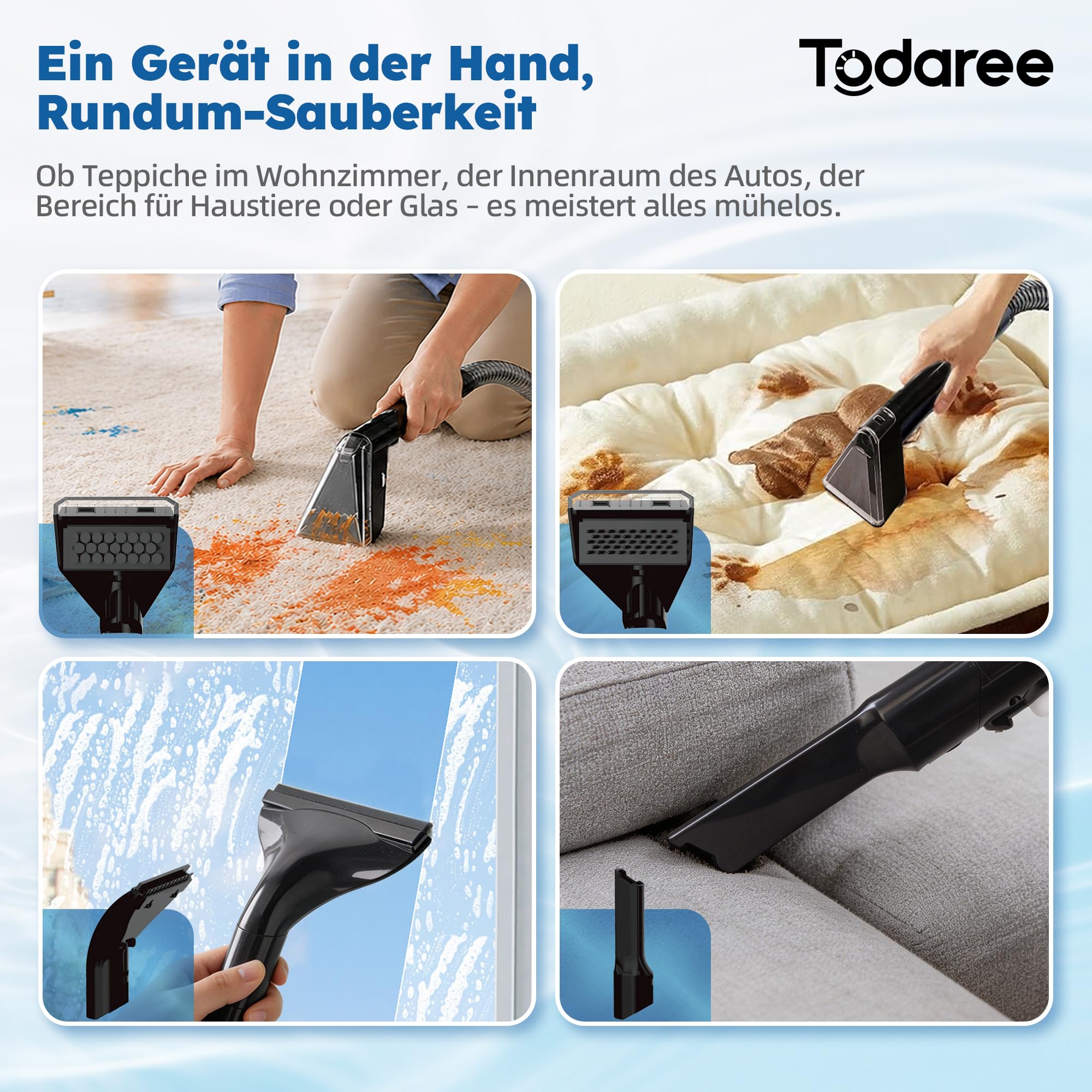 Polsterreiniger Gerät 14 kPa Stark, Teppichreiniger Waschsauger，Waschsauger & Nasssauger für Teppich, Sofa, Auto, Matratze – Handgerät mit Doppeltank für Polster, Tierhaare, Weiß/Grau