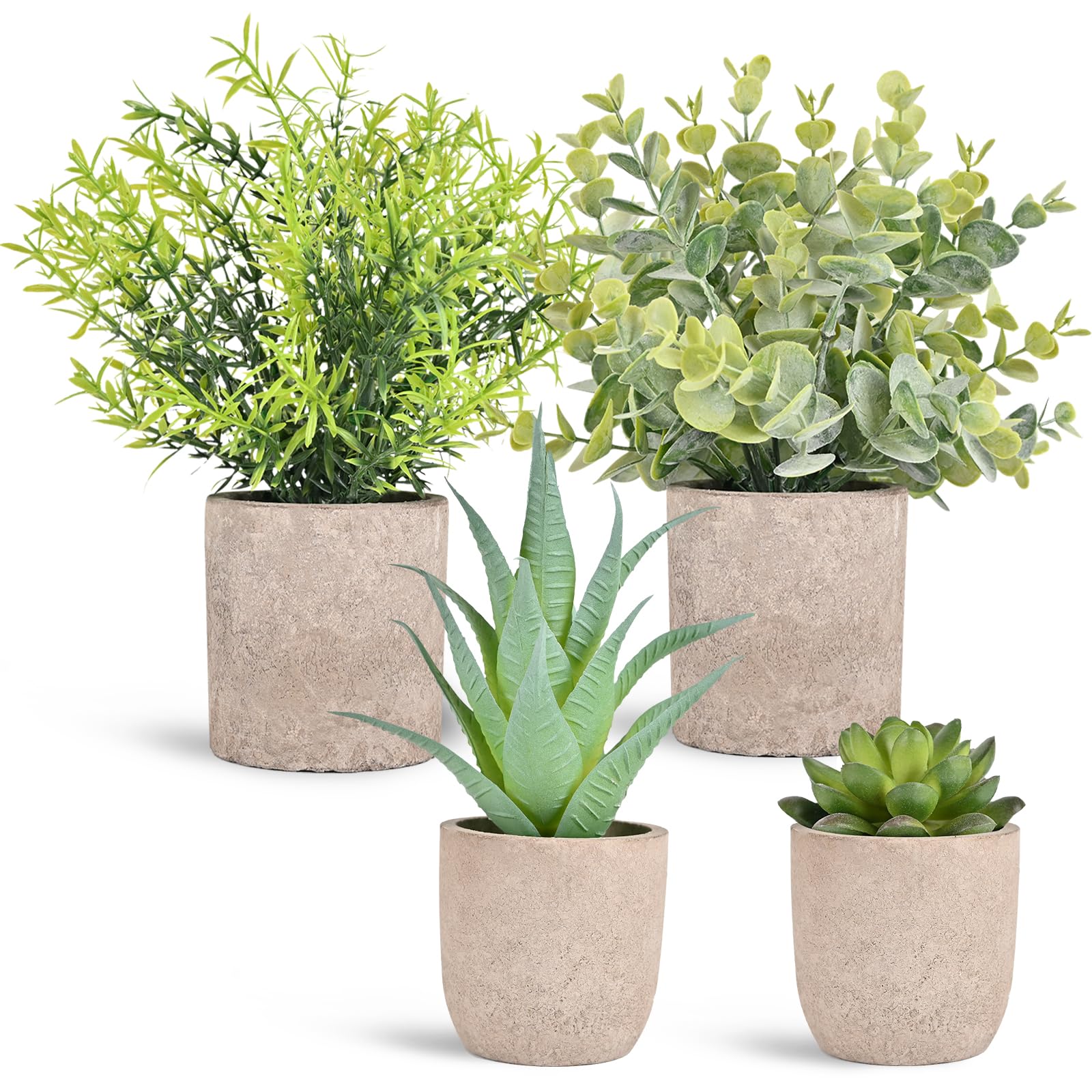HOFMEFYEucalyptus Rosemary Succulents Artificial Potted Plants Mini Home Greenery Decor Set of 4 for House Office Balcony Desk Bathroom Decoration