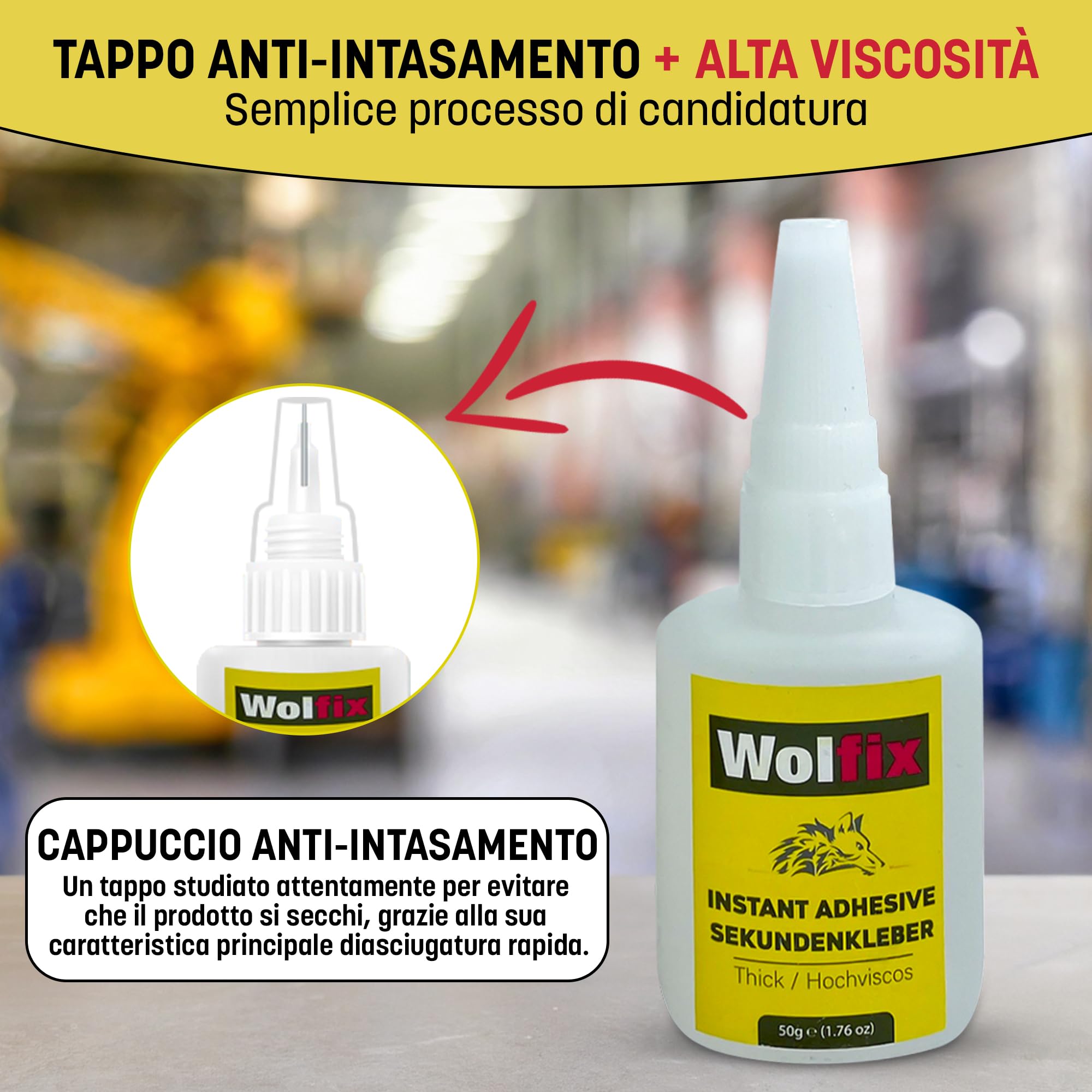 Wolfix Colla Cianoacrilica 50gr – Adesivo Istantaneo Colla Forte per Plastica, Legno, Metallo e Ceramica – Super Attack Extra Forte per Riparazioni Professionali e Fissaggi Precisi