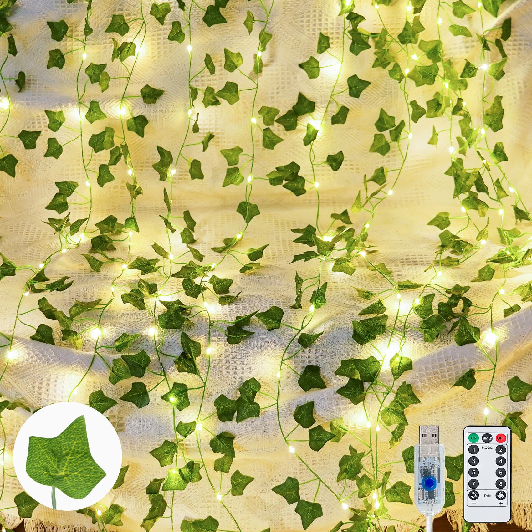 KASZOO Vines with Fairy Lights for Bedroom - 200 LED Ivy Curtain Wall Vines for Wedding, Party, Dorm, Indoor & Outdoor Use, 6.5ft x 6.5ft