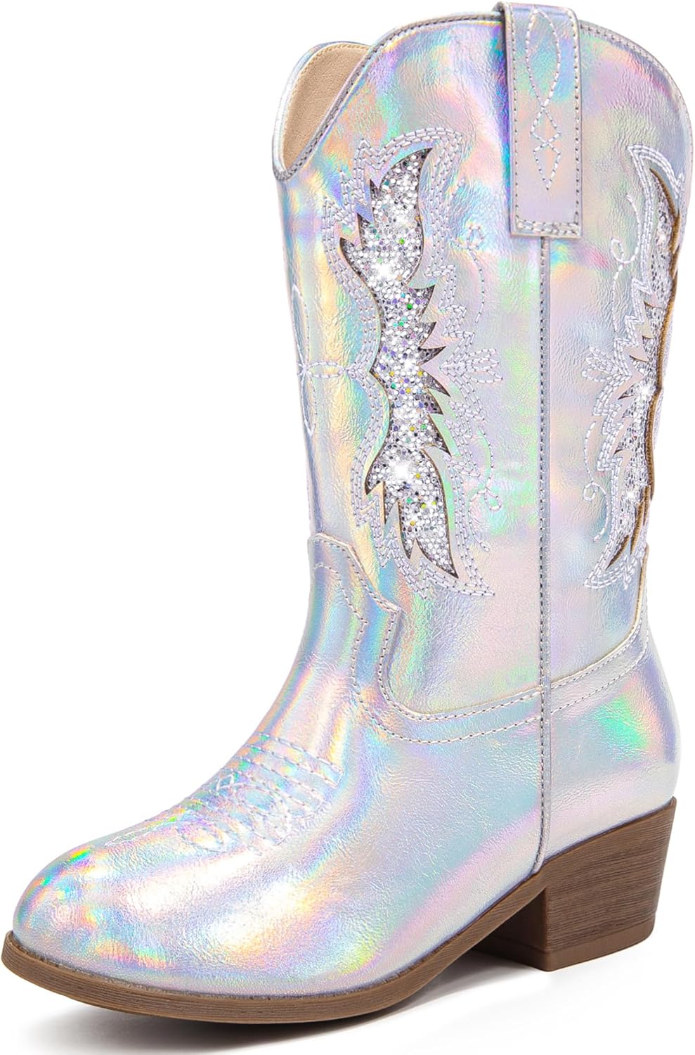 Sparkly Glitter Cowgirl Cowboy Boots for Girls Little Kids Mid Calf Zipper Pointed Toes Low Heel Western Embroidery Party Birthday Toddler to Big Kid