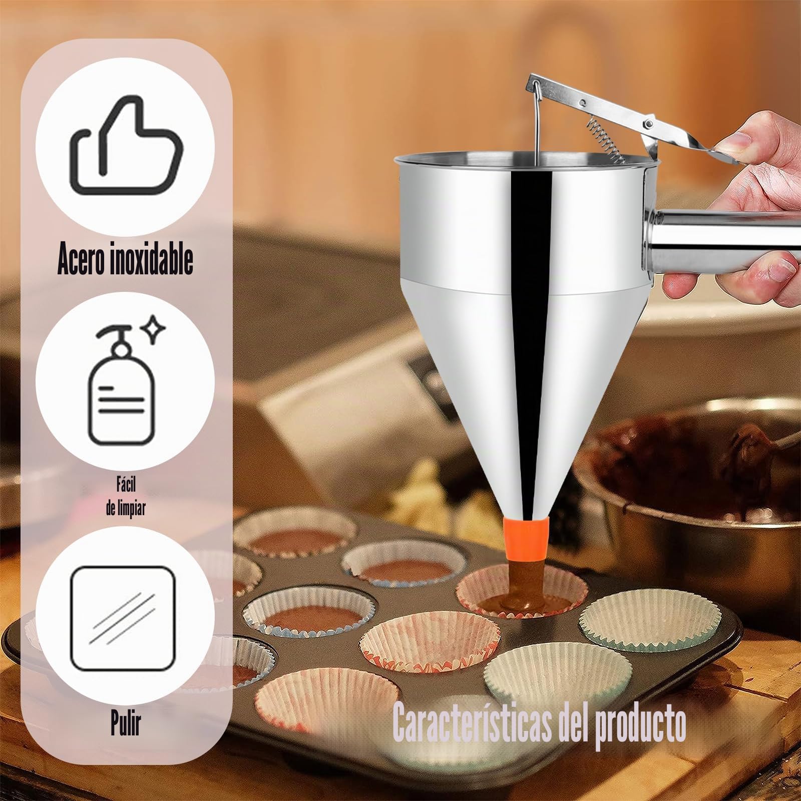Acero Inoxidable Dispensador de Masa 1200ml, Dosificador de Masa para Panqueques, Embudo para Hornear de Acero Inoxidable, Soporte y 4 Boquillas Diferentes para Panqueques, Waffle, Cocina